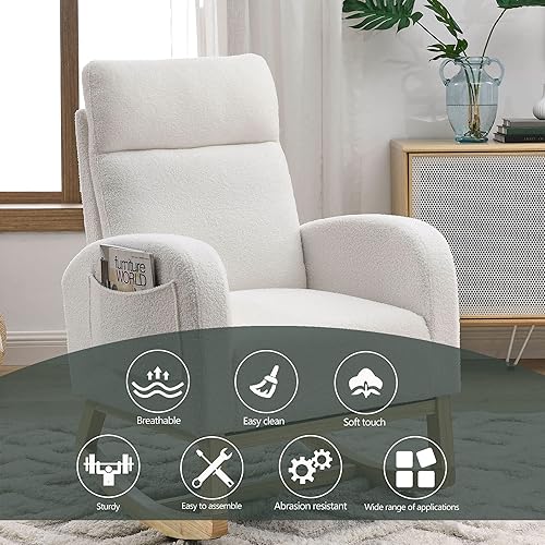 Miniatura 6 de Mecedora para guardería, moderna silla deslizante con respaldo alto y dos bolsillos laterales, sofá mecedor de tela para sala de estar, dormitorio,