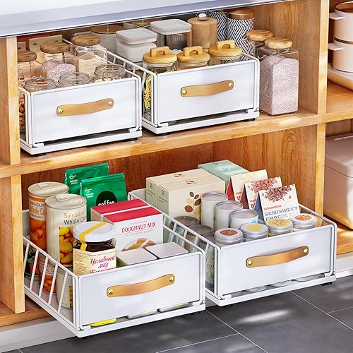 Pull out Cabinet Organizer Fixed with Adhesive Nano Film,Heavy Duty Slide out Pantry Shelves Drawer Storage,Sliding Mesh Cabinet Basket with Handle for Kitchen, Bathroom,Home, 9.8"W X 15.7"D X 6.2"H