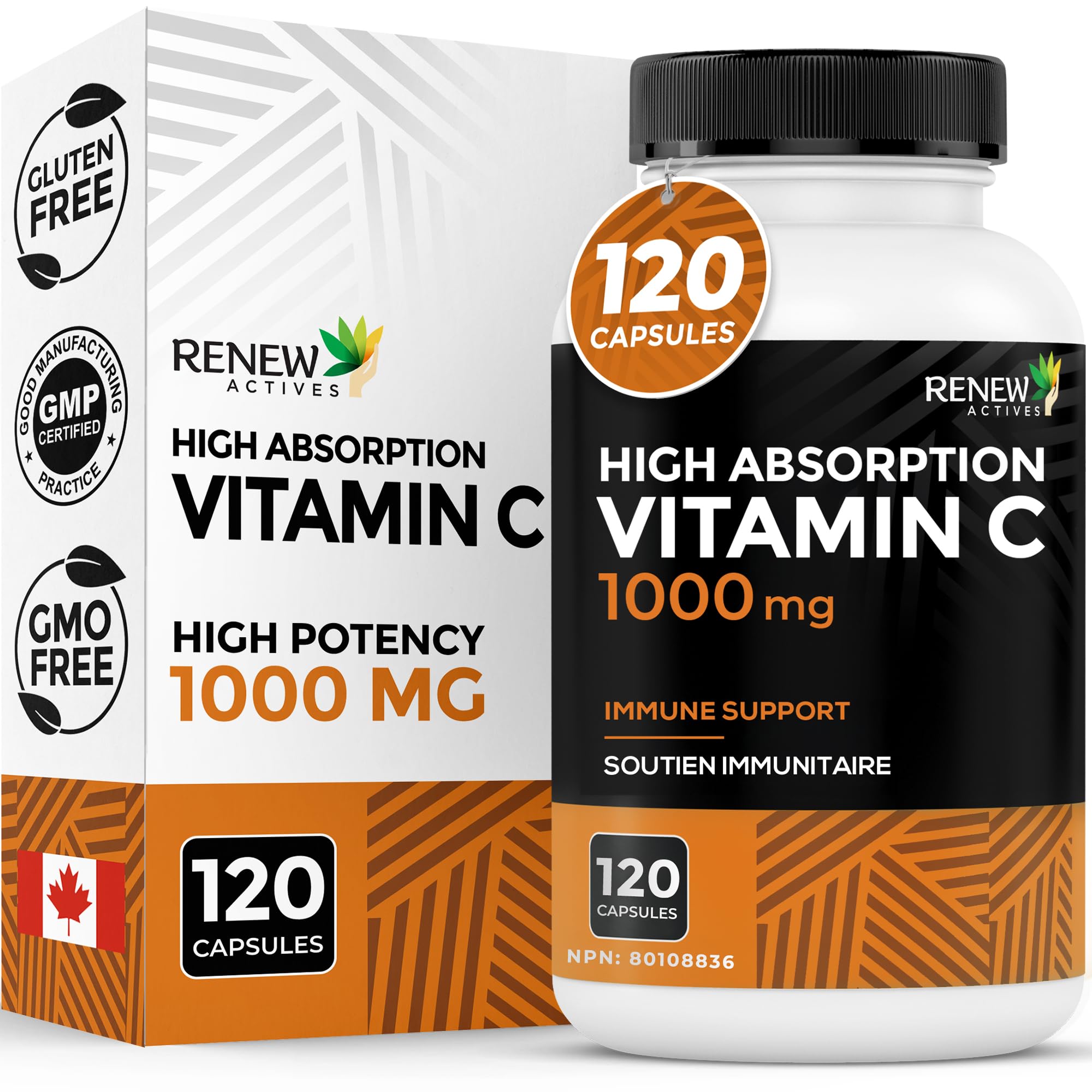 - RENEW ACTIVES Maximum Strength Vitamin C 1000MG per Serving – Antioxidant & Immune Booster for Overall Health, Bones, Teeth & Gums – Non-GMO, Sugar-Free, 4-Month Supply – Made in Canada – 120 Capsules