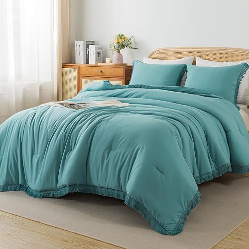 Andency Juego de edredón con borlas color aguamarina, tamaño Queen (90 x 90 pulgadas), 3 piezas (1 edredón bohemio, 2 fundas de almohada), juego de