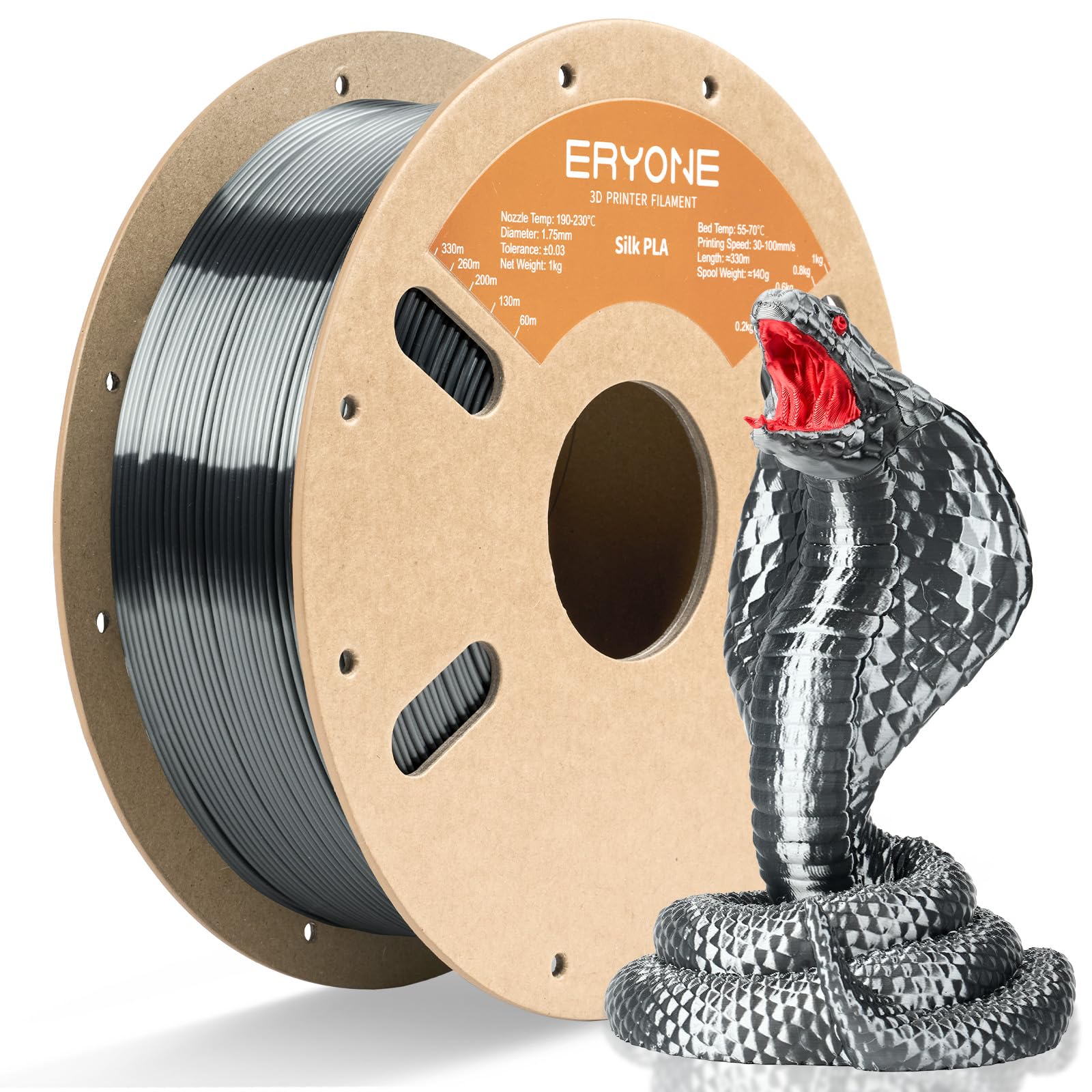 ERYONE Silk PLA Filament for 3D Printer 1.75mm +/- 0.03mm, Shiny Filament 1kg (2.1lbs)/Spool, Gunmetal Grey