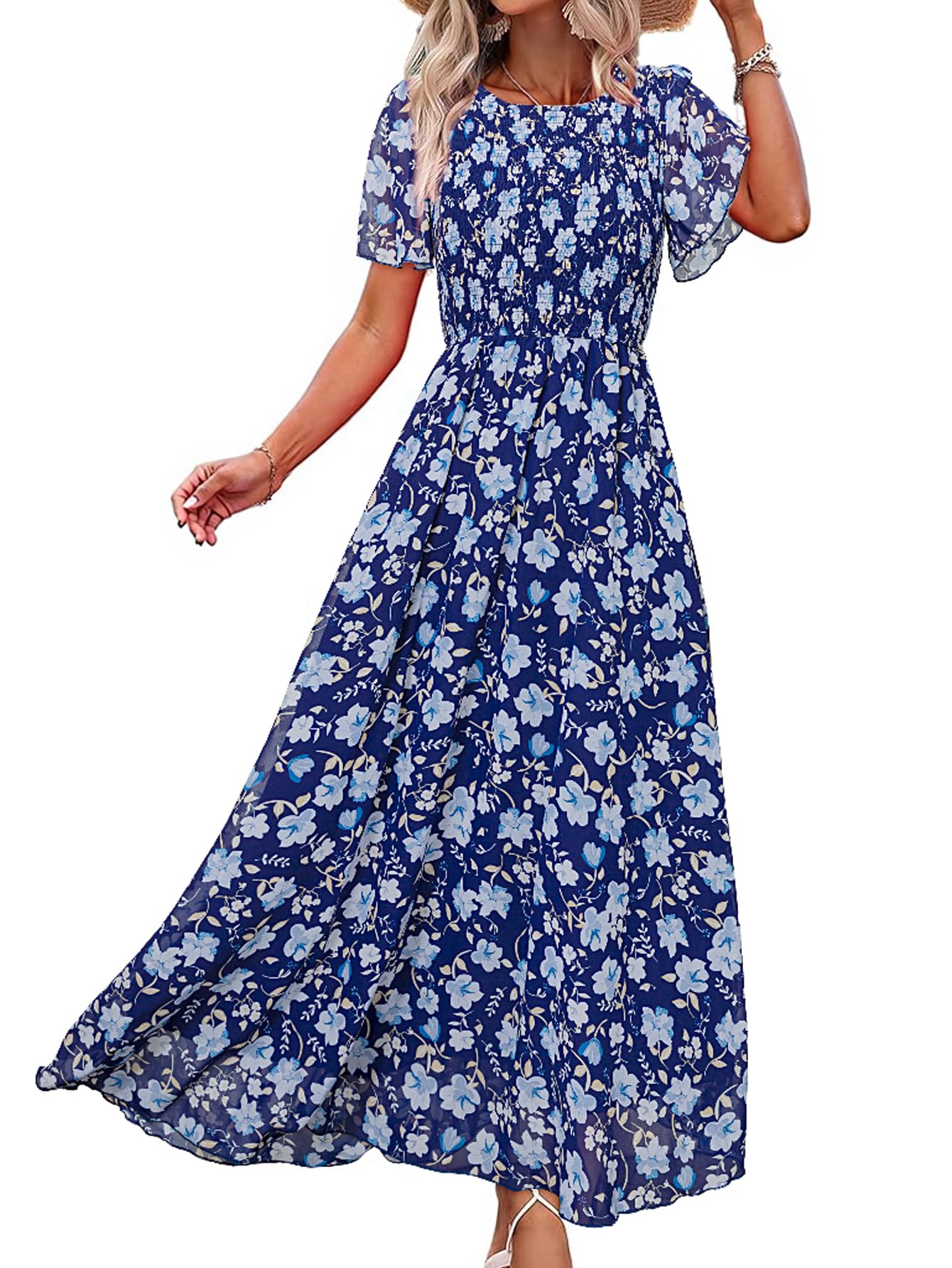 Simplee Womens Casual Floral Summer Maxi Dresses 2026 Boho Flowy Short Sleeve Crew Neck Vacation Smocked Chiffon Dress