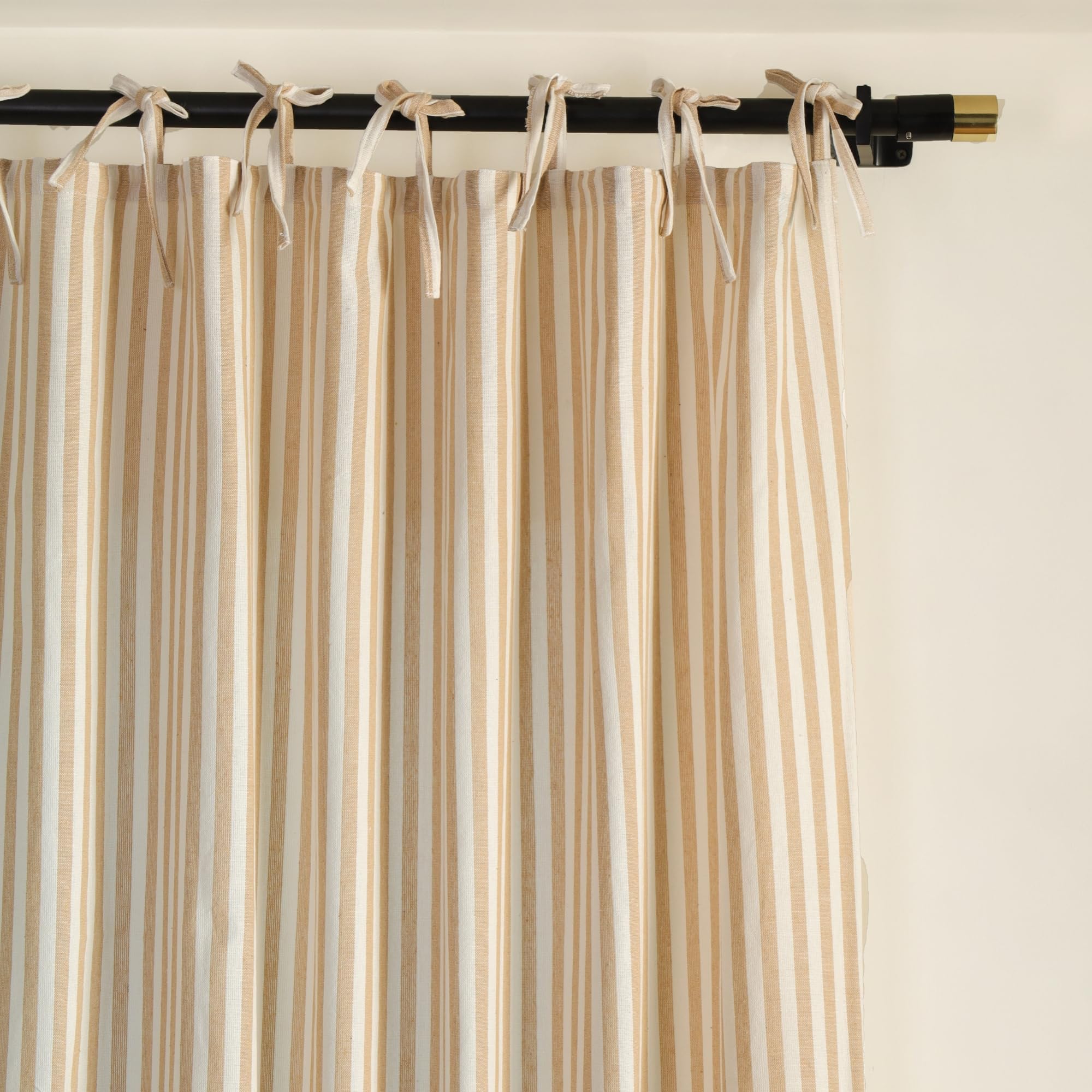 Gauze Ticking Striped Curtains, Boho Linen Gauze Tie Top Hanging Light Filtering Pinstripe Cafe Curtains 2 Panel Curtain Drapes for Living Room Home Décor Beige on White (72"x42" Each Panel)