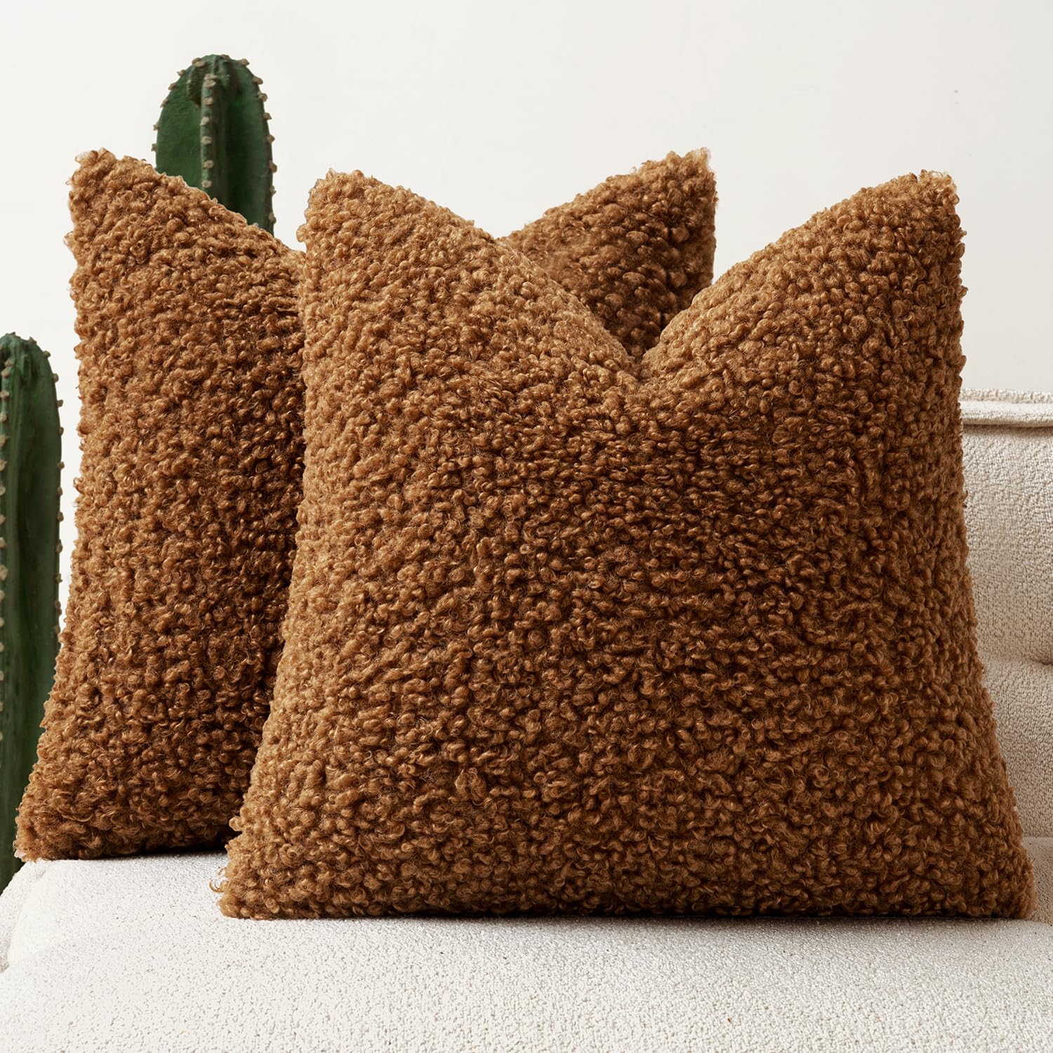 Photo 1 of Woaboy Faux Fur Throw Pillow Covers 20x20 Inch Set of 2 Boucle Neutral Decorative Sherpa Fuzzy Accent Soft Sheepskin Fleece Cushions Modern Home Fall Decor for Couch Sofa Bedroom Living Room,Brown