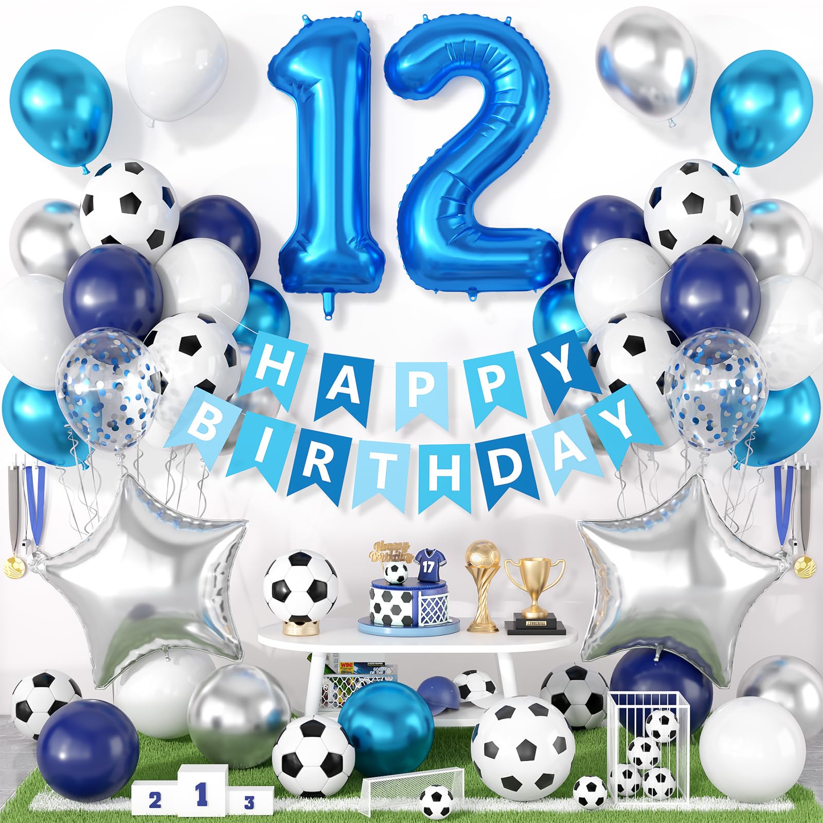 12th Football Birthday Decoration for Boys, Football Party Decoration with Blue White Silver Balloons Happy Birthday Banner 32in Foil 12 Balloon for Boy Kids Sport Theme Party Decor