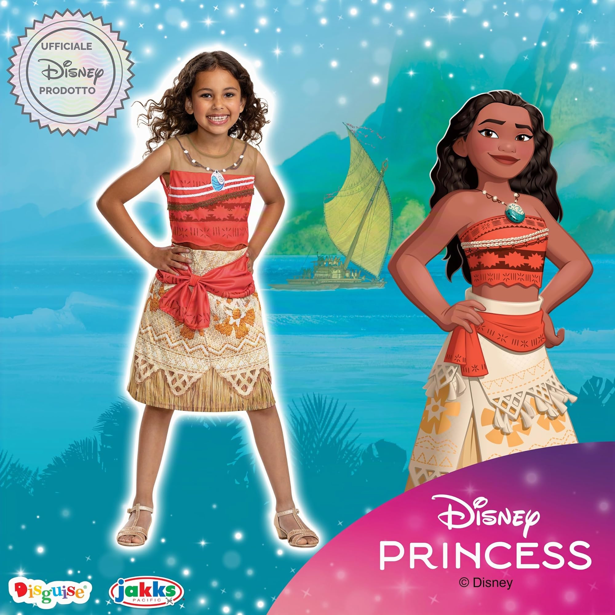 Disney Vestito Vaiana Classico Bambina, Costume Ufficiale Principessa Disney Bambine Taglia XS
