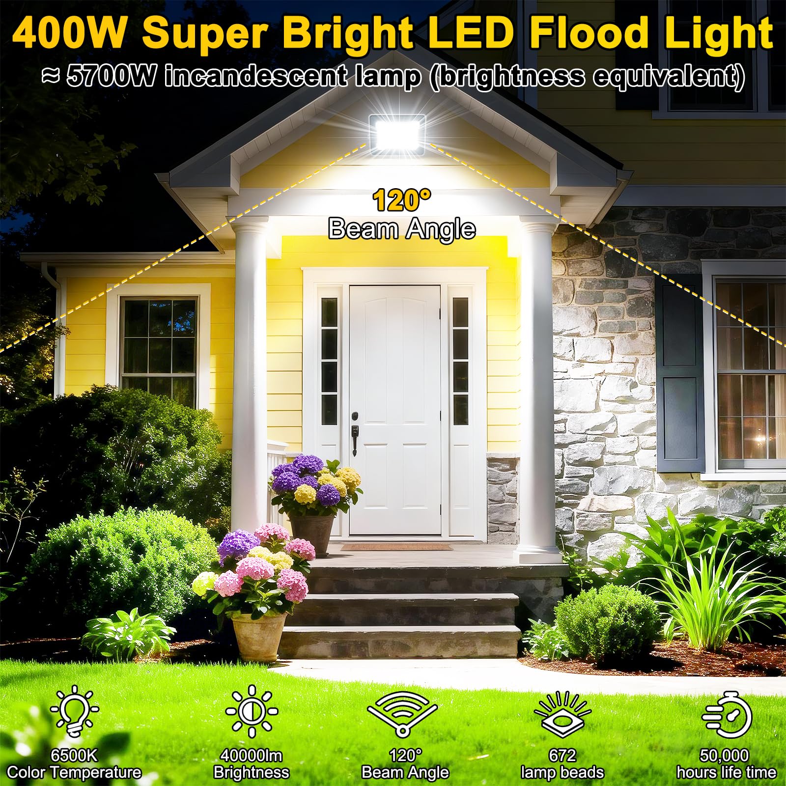 CREATESTAR Focos LED Exterior 400W, Proyector LED Exterior IP66 Impermeable 40000 lúmenes foco exterior de Floodlight foco blanco frío de 6500K, luz de inundación para garaje patio jardín almacén