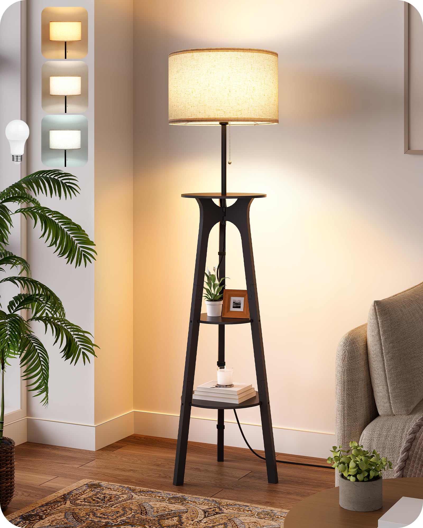 GOEBLESON Wooden Tripod Floor Lamp, Floor Lamp with Shelves for Bedroom