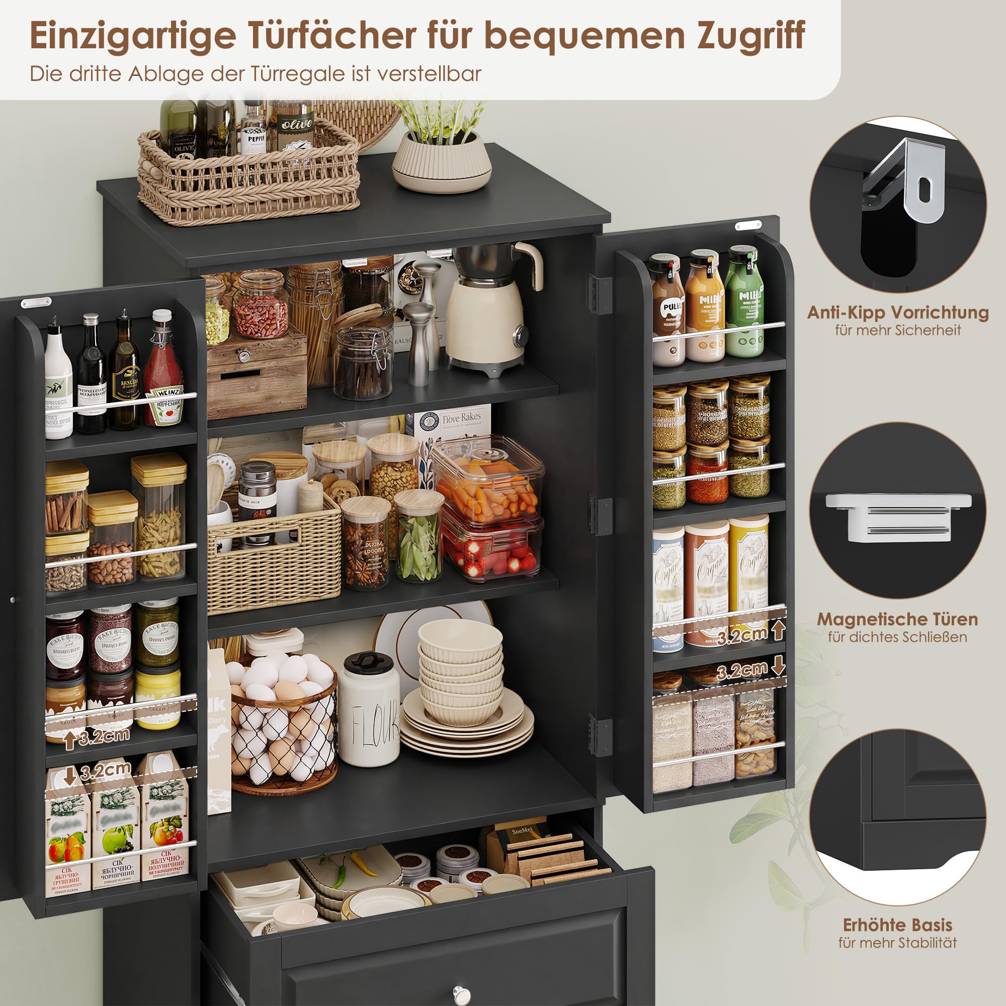 FOREHILL Küchenschrank Vorratsschrank Buffetschrank mit 3 Schubladen, 8 Türregalen und 2 Türen, Mehrzweckschrank für Küche, Esszimmer, Badezimmer und Wohnzimmer, 60x40x150cm, Schwarz
