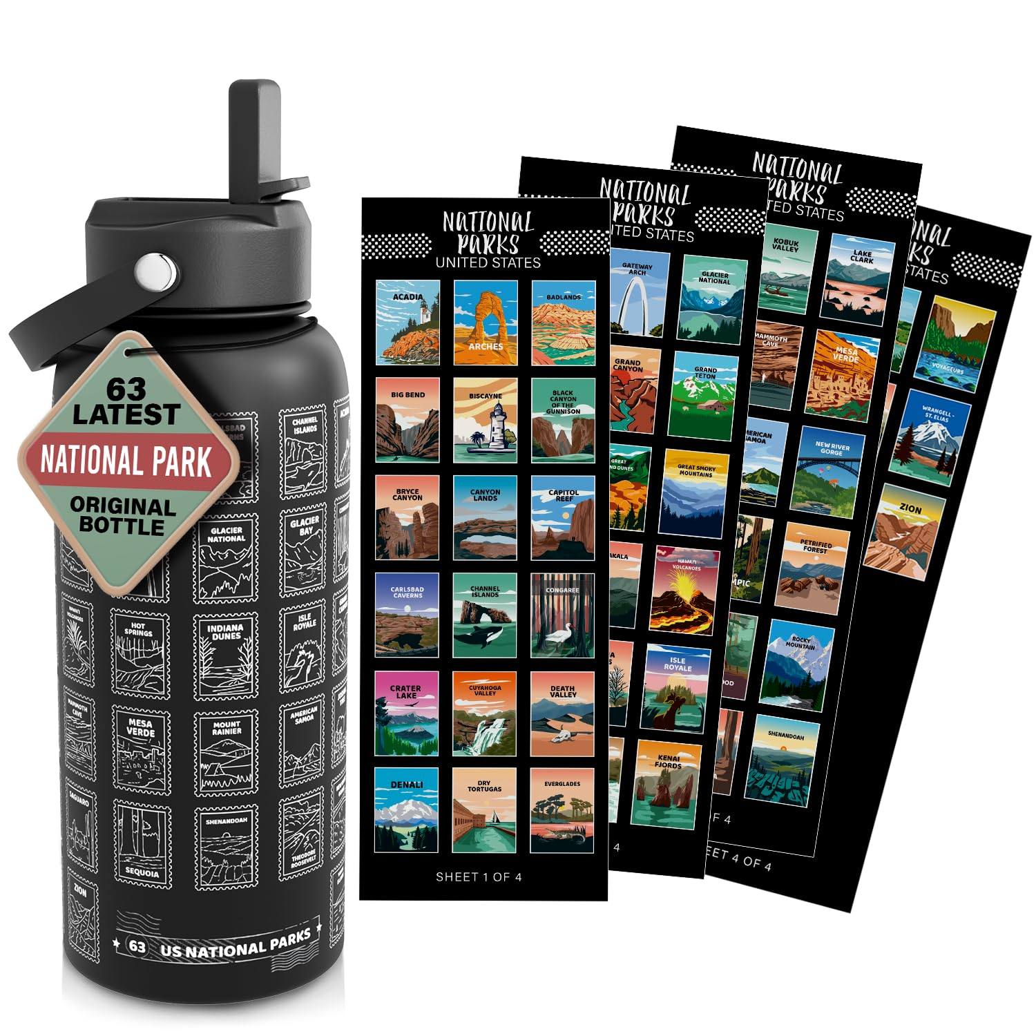 National Parks Water Bottle With Waterproof Stickers Wrap Around- Stainless Steel Insulated Vacuum Sealed 32 oz With Leak Proof Lid (National Park BLACK)