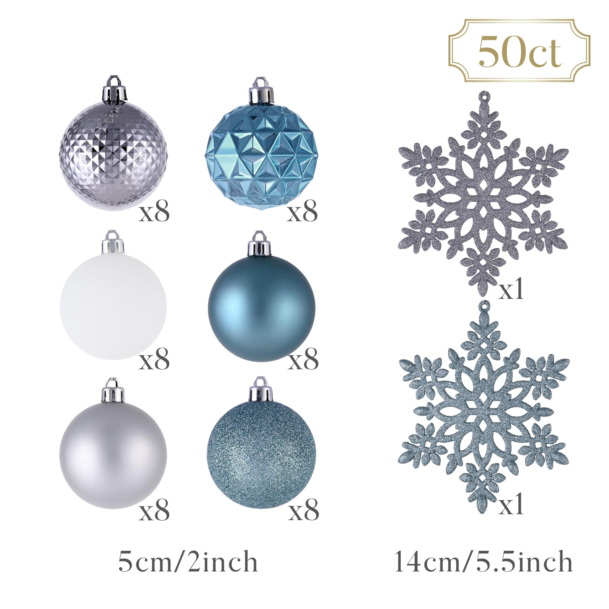 Valery Madelyn Lot de 50 boules de Noël incassables à suspendre pour sapin de Noël et Halloween du 4 juillet, 5,1 cm, bleu clair et argenté