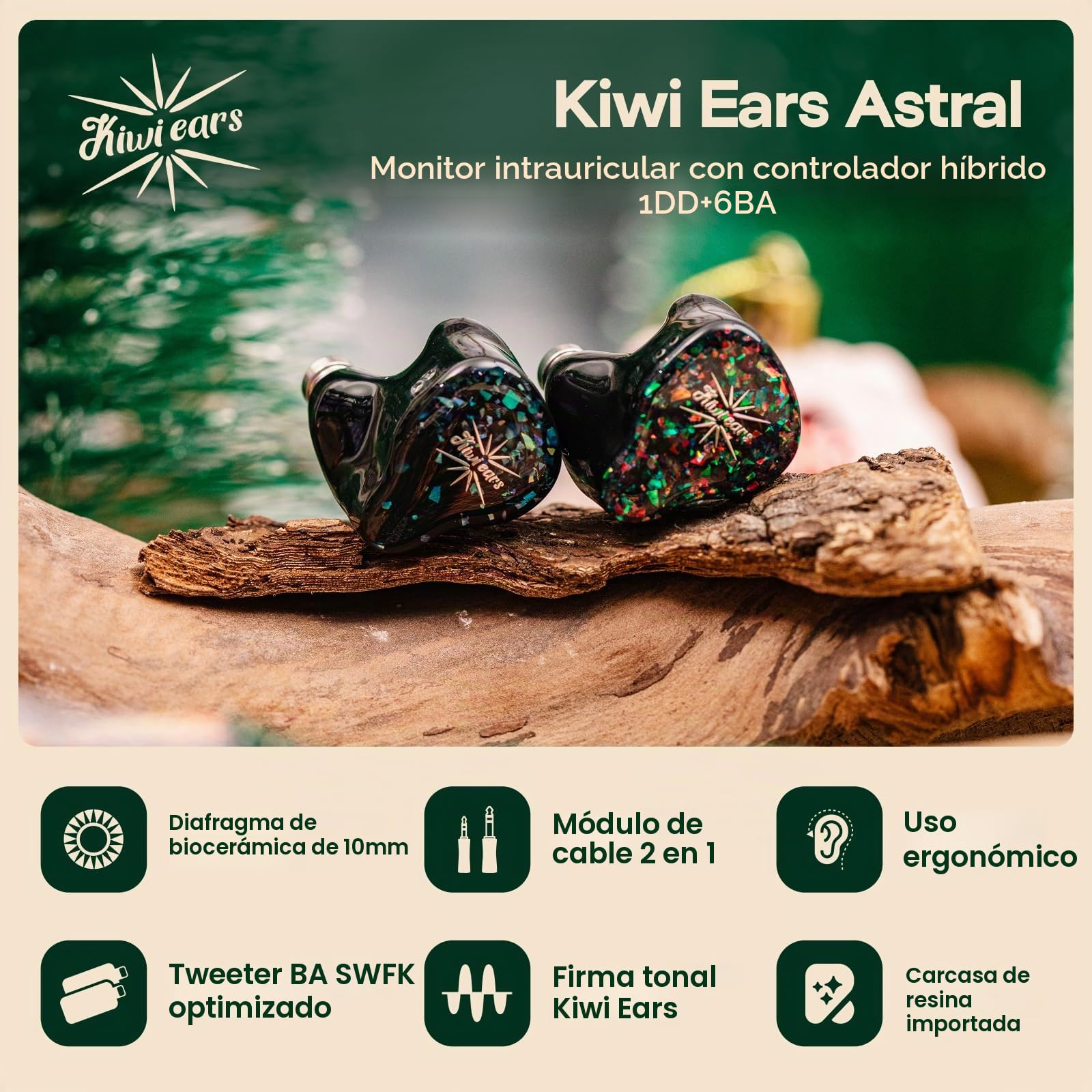 Linsoul Kiwi Ears Astral 1DD+6BA In Ear Monitor Híbrido,Auriculares con Cable,Audífonos HiFi para Estudio de Grabación,IEM Portátil para Gaming, Ingeniero Musical Audiofilo Profesional (Verde)