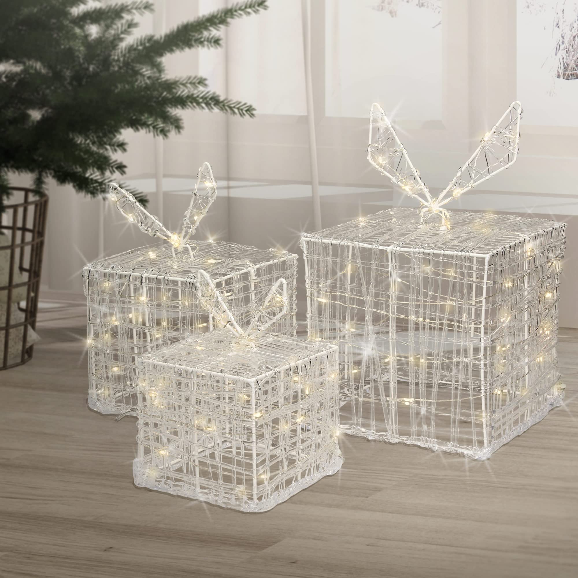 ECD Germany Set di 3 Scatole Regalo Luminose con 90 LED Bianco Caldo Decorazione Natalizia Pacchi Decorativi per Albero di Natale IP44 Impermeabile Argento da Interno/Esterno Matrimoni Feste Cortile