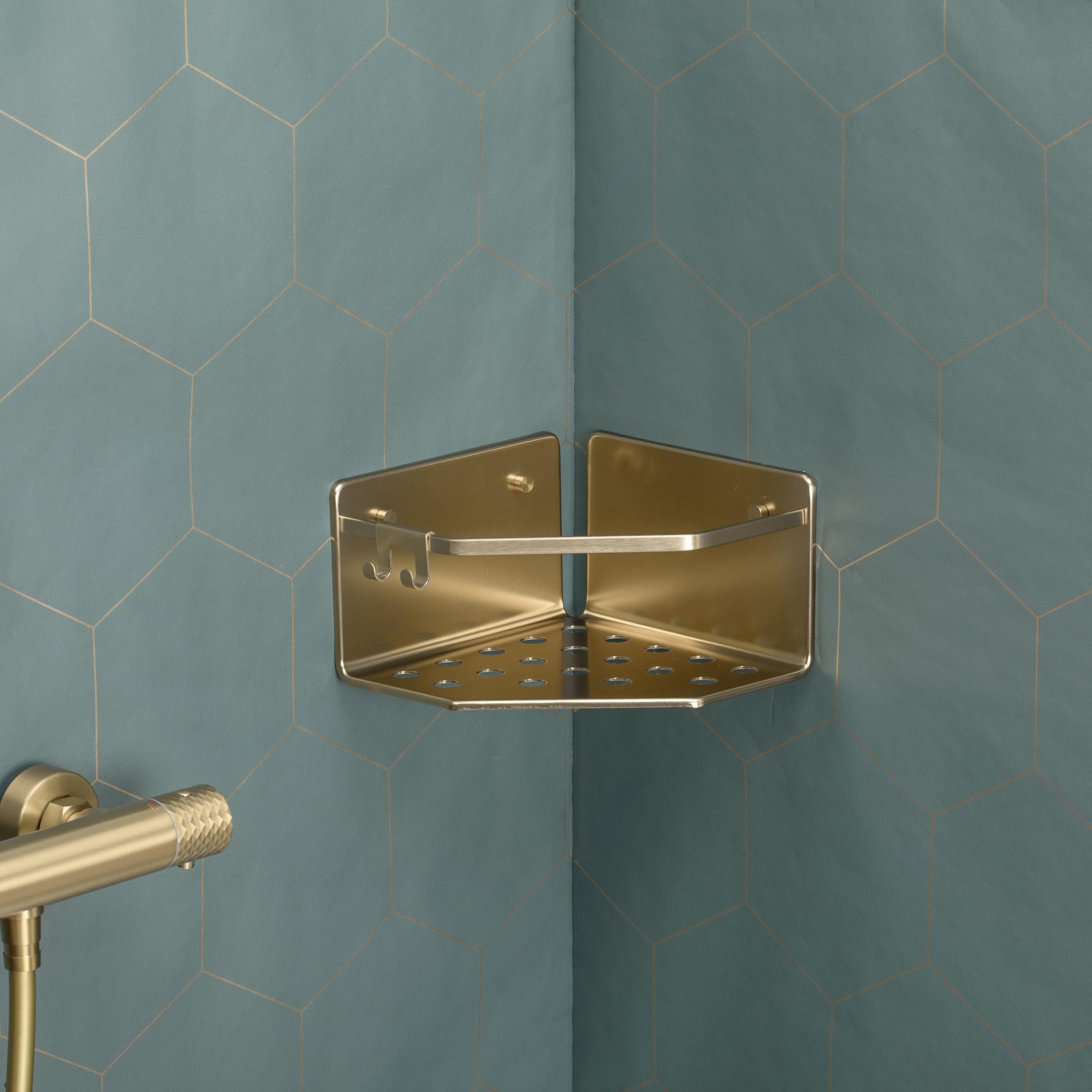 TATAY Shower Shelf No Drilling Corner Aluminium, Gold, 20x20x12 cm - Image 2