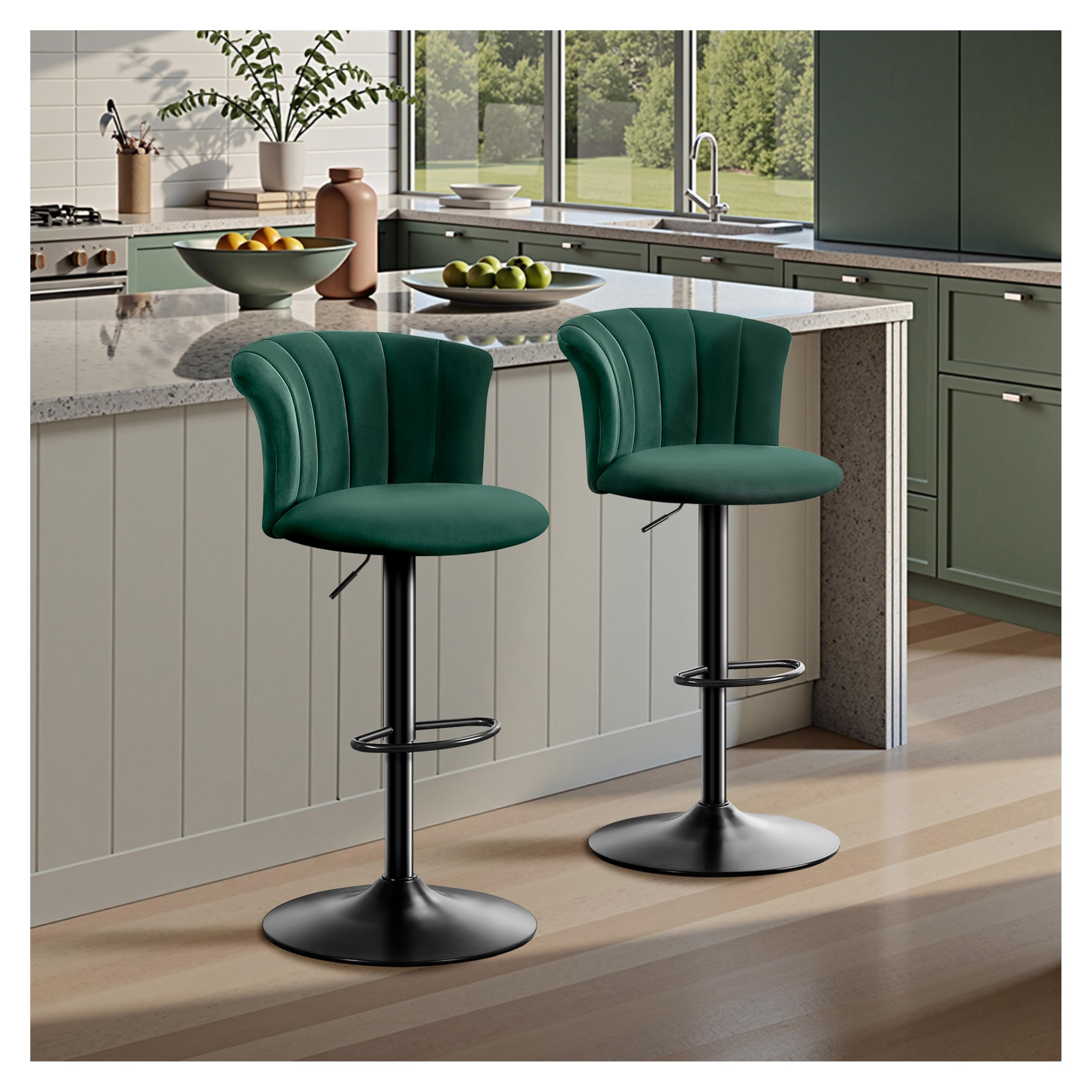 Juego de 2 Taburete de Cocina, Taburete de Bar con Tela Terciopelo Seda Altura Ajustable, Silla Bar con Respaldo, Silla de Bar Rotación de 360°, Taburete Alto 150kg para Cocina -Verde