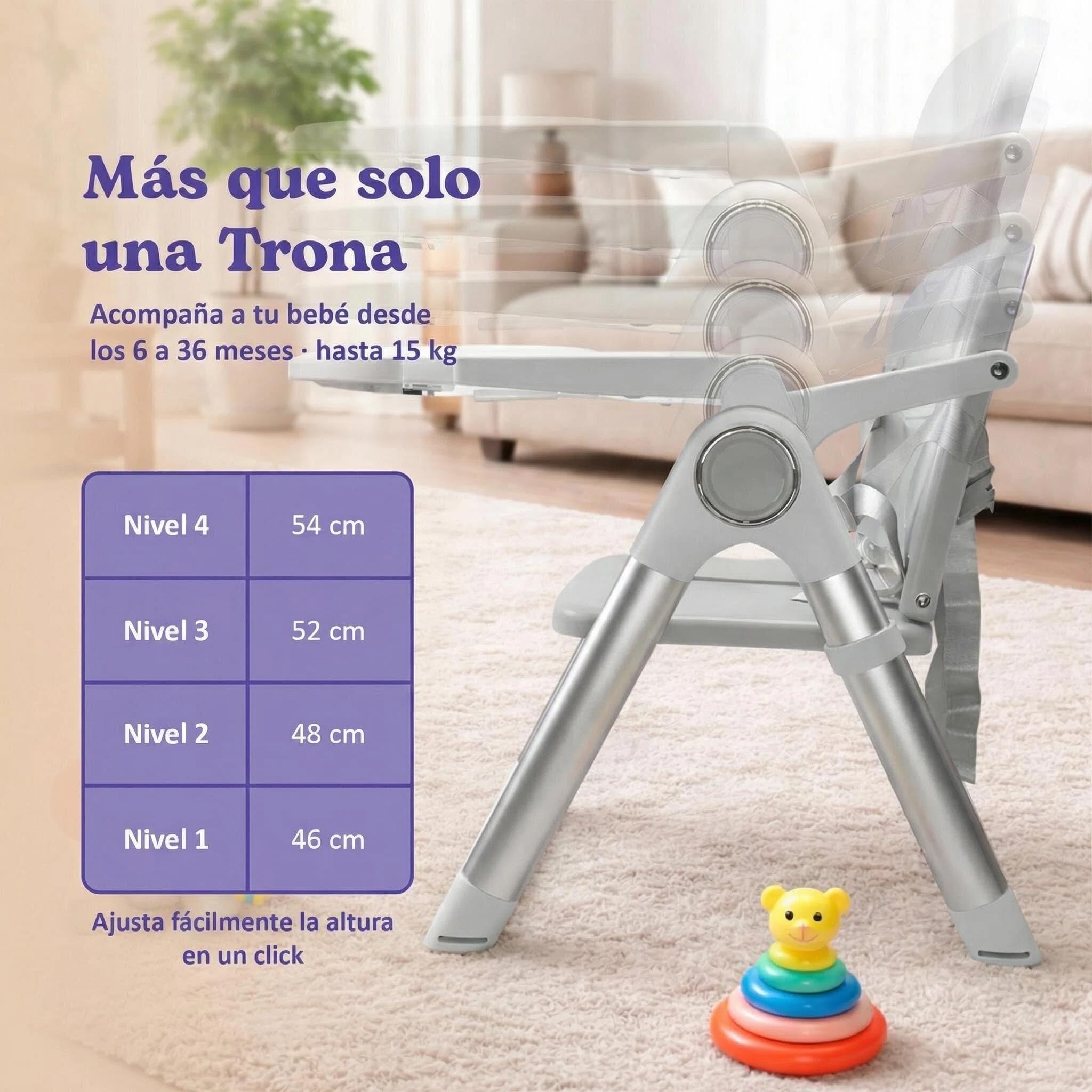 Trona Portátil Plegable Premium para Bebé 2 en 1, Elevador de Silla con Correas de Fijación, 4 Alturas, Bandeja Extraíble, Bolsa de Transporte, 6-36 Meses, hasta 15 kg (GRIS + PLATA)