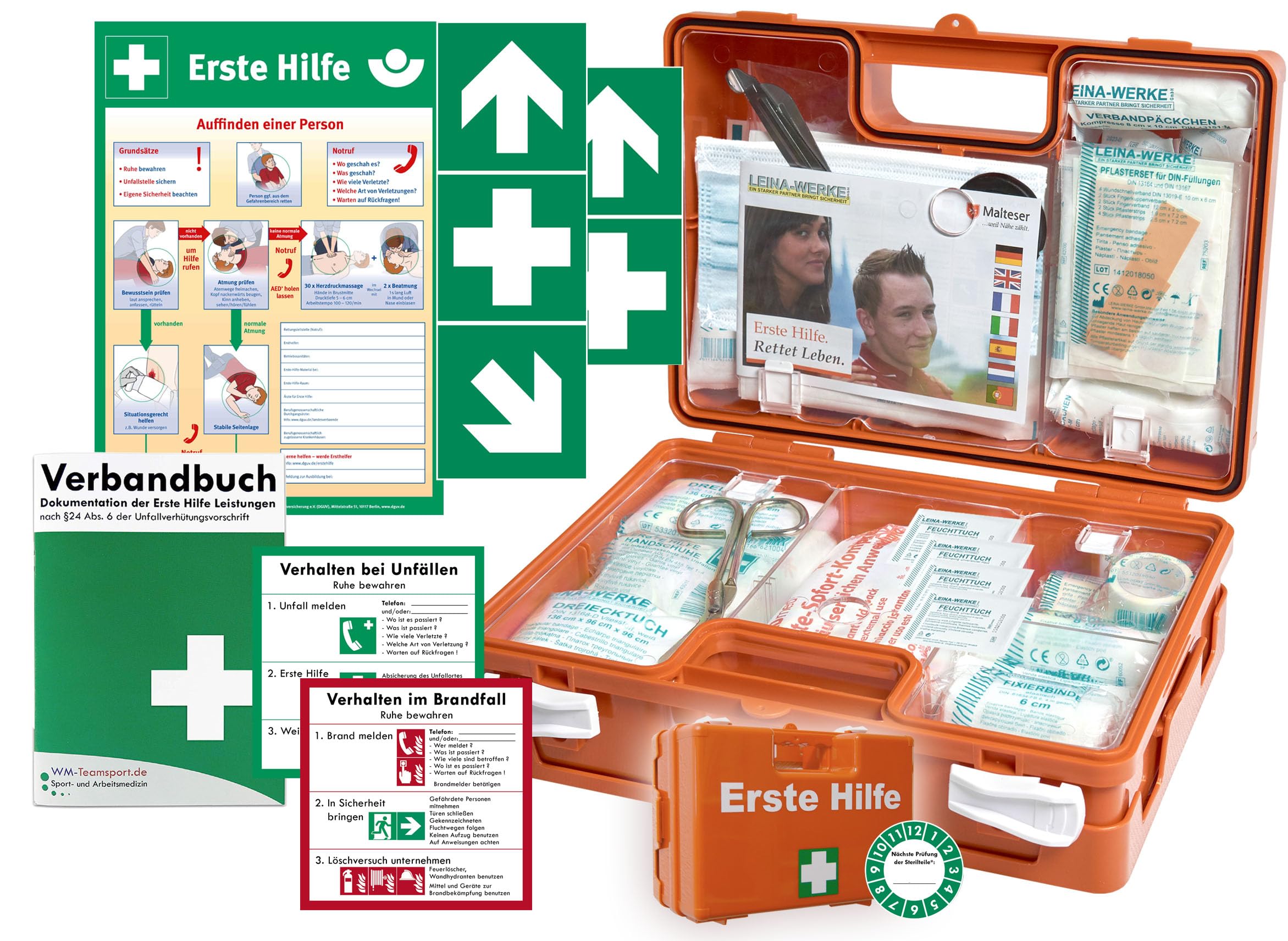 Erste-Hilfe-Koffer BG -Komplettpaket- für Gewerbe mit aktueller DIN/EN 13157 - Kleiner Betriebsverbandkasten von WM-Teamsport - inkl. Aushang & 1. Hilfe Aufklebern LW