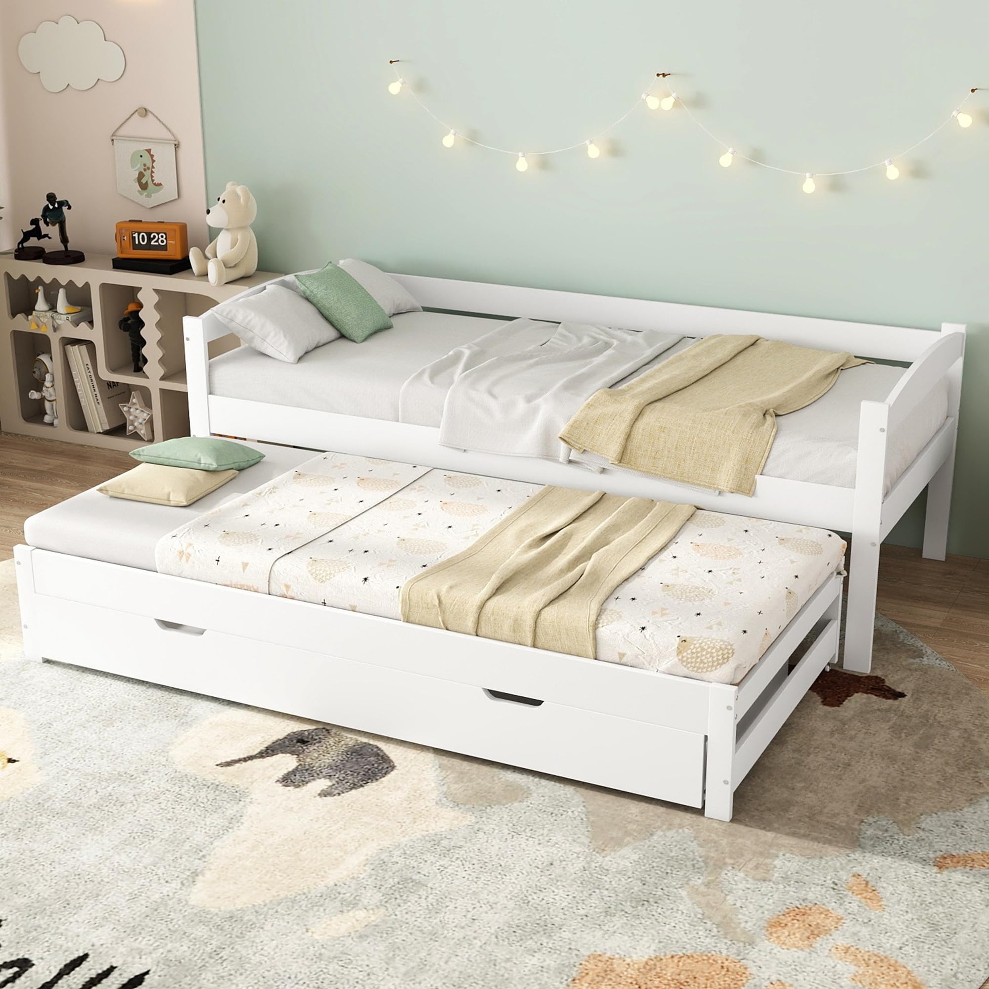 Merax Canapé-lit 90 x 200 cm, lit de jour, avec 2 tiroirs, lit fonctionnel, avec sommier à lattes, lit gigogne simple et double, cadre en bois massif, pour filles et garçons, blanc