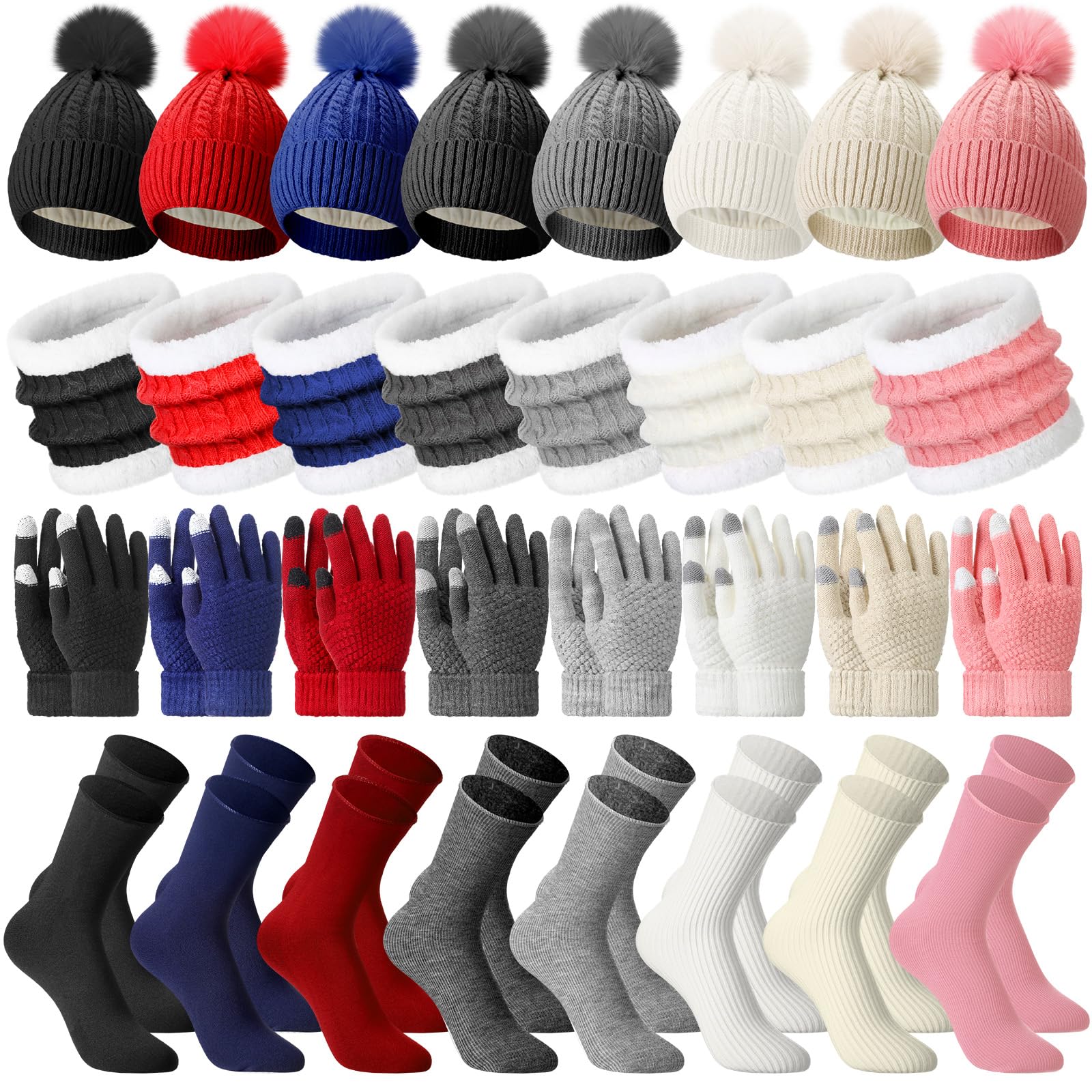 32 Pcs Valentine Winter Beanie Hat Scarf Gloves Sets for Women Warm Fleece Scarf Touch Screen Glove with Sock for Gift-image-39