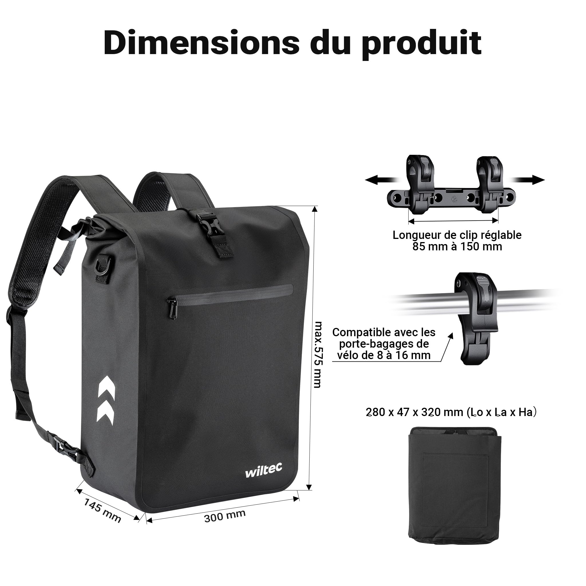 Wiltec Sacoche sac à dos étanche pour porte-bagages noire – capacité de 25 L – en 600D TPU – avec compartiment pour ordinateur portable – pour vélos et vélos électriques – Sac de bicyclette – Cyclisme