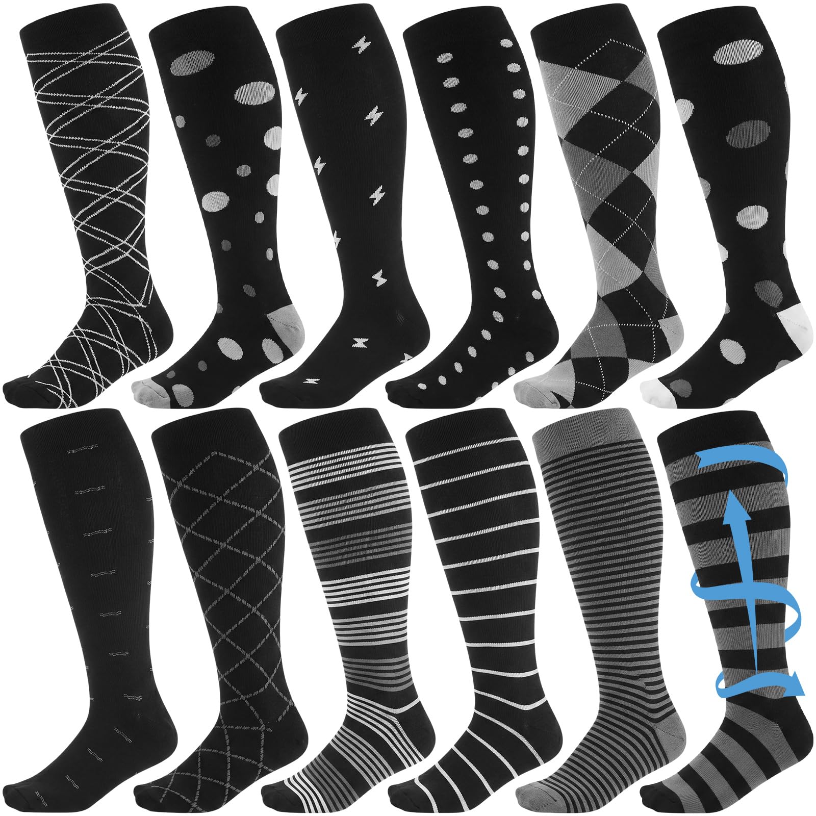 Shyyween 12 Pairs Men Knee High Compression Socks