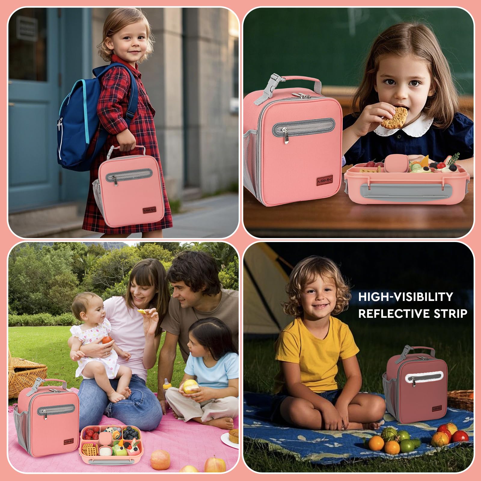 MaMix Bento Box Lunchbox für Erwachsene, Lunchbox, Kinder, inklusive Lunchtasche für Erwachsene/Kinder/Studenten, 1300 ml, 4 Fächer, Bento-Lunchbox (rosa Set)