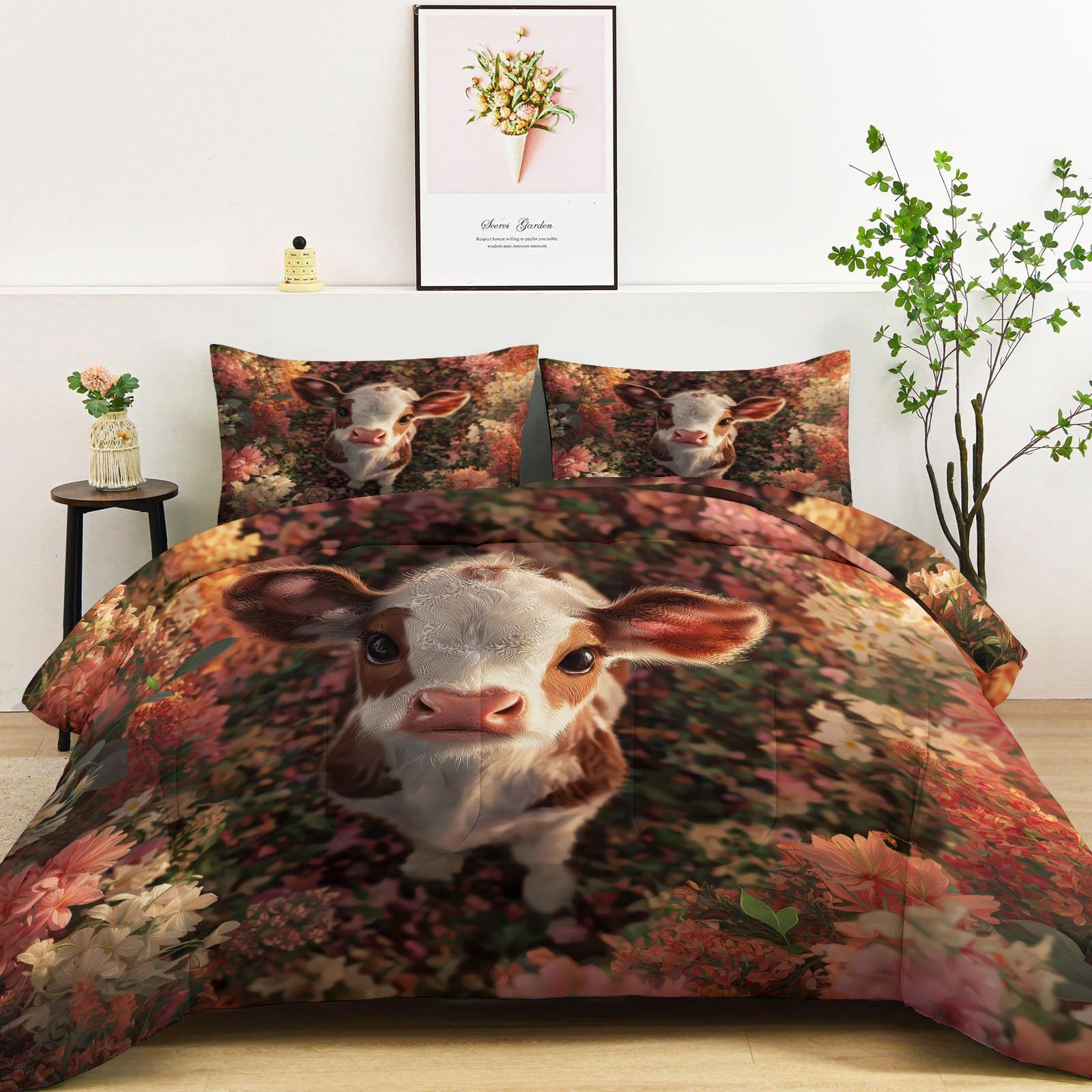 Bettdecke 4 Jahreszeiten 180 x 200 cm, Waschbar Landschaft Tiere Kälber Blumen Steppdecke Warmes Gelb Ganzjahresdecke, Weich & Anti-Allergisch Bettwaren für Kinderzimmer Dekor, Landhaus Schlafzimmer