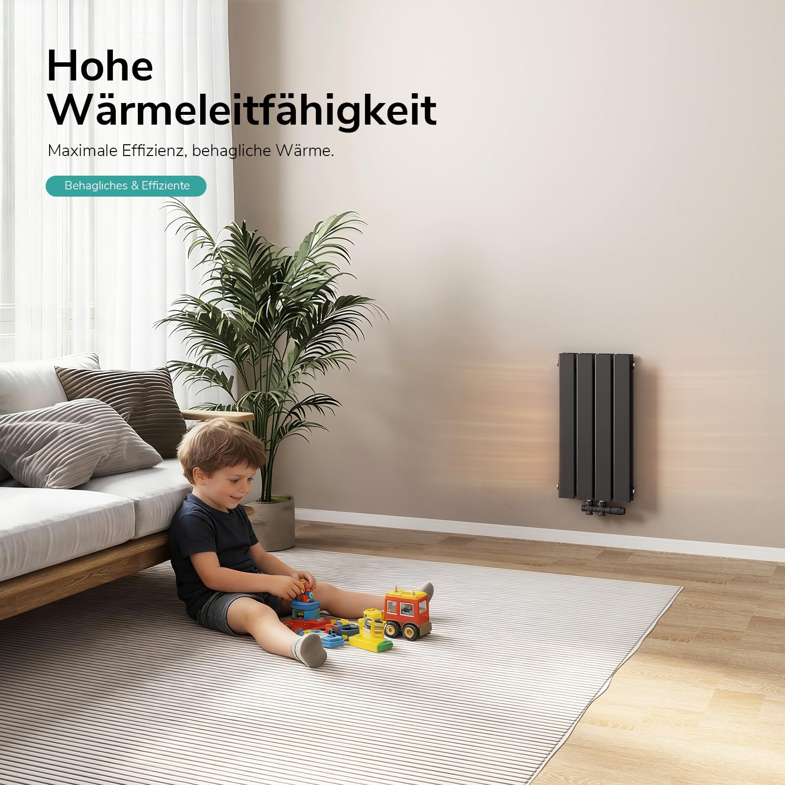 EMKE Heizkörper Klein 600x304 mm Vertikal Flachheizkörper mit Mittelanschluss, Doppellagig Paneelheizkörper Wandheizkörper für Bad, Schlafzimmer & Wohnzimmer, Schwarz 384W
