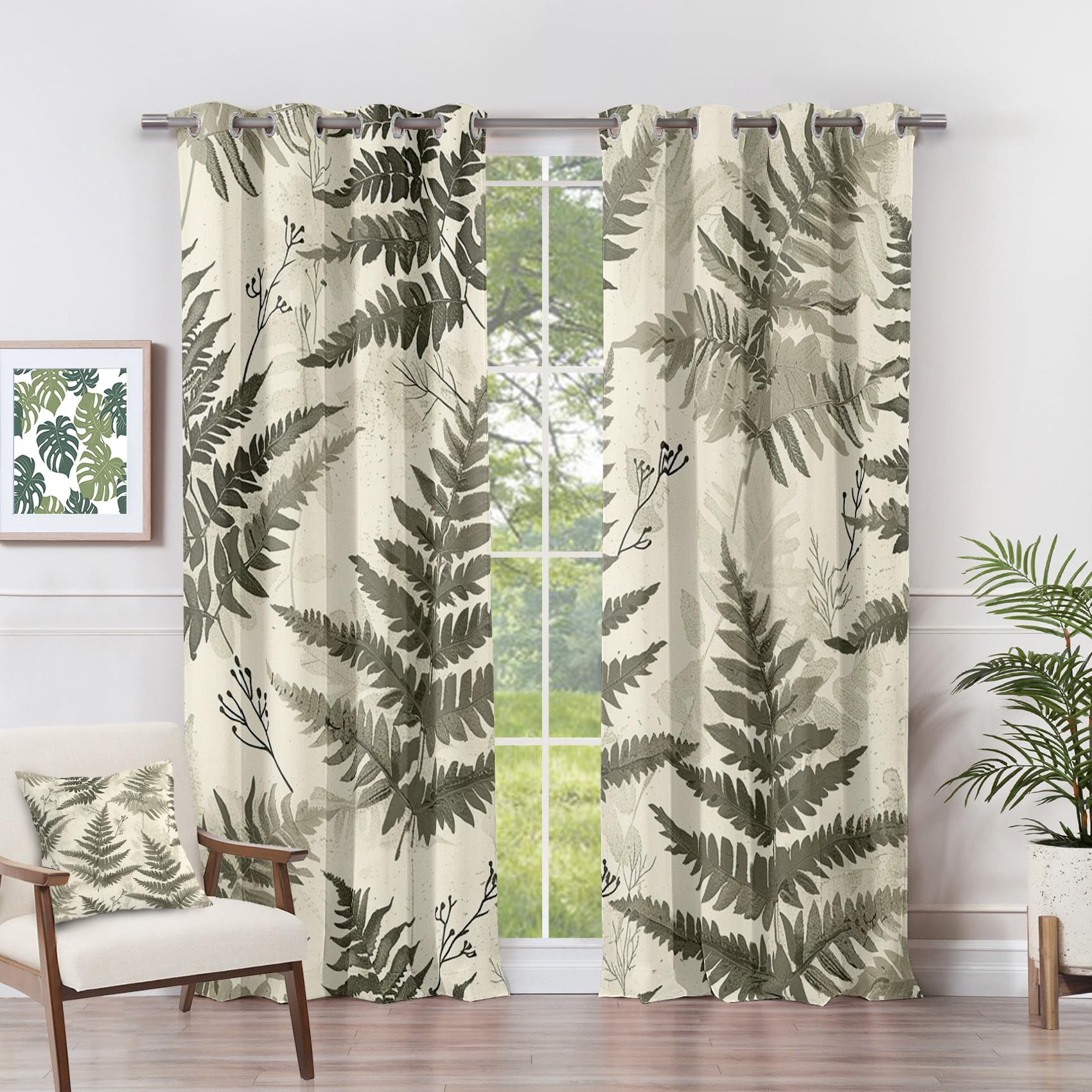 Fern Eyelet Curtains - Fern Curtains - Green Leaf Botanical Blackout Curtains 66 x 54 Inch (Width x Drop) 2 Panels, Leaves Eyelet Curtains & Drapes