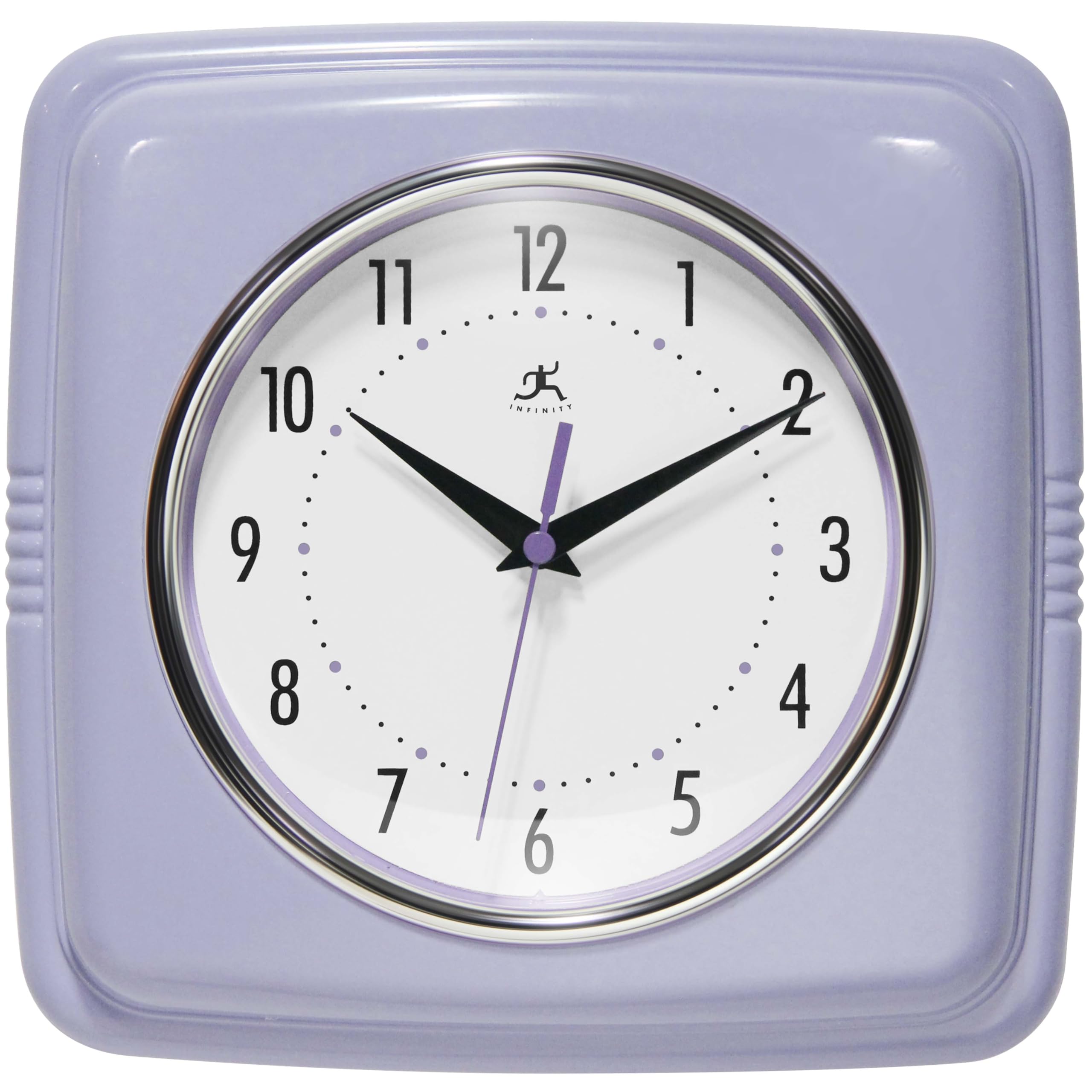 Infinity Instruments Retro Wall Clock – 9-Inch Square Silent Non-Ticking Mid-Century Modern Clock – Vintage Decorative Wall Clock for Kitchen, Office, or Diner – Lilac