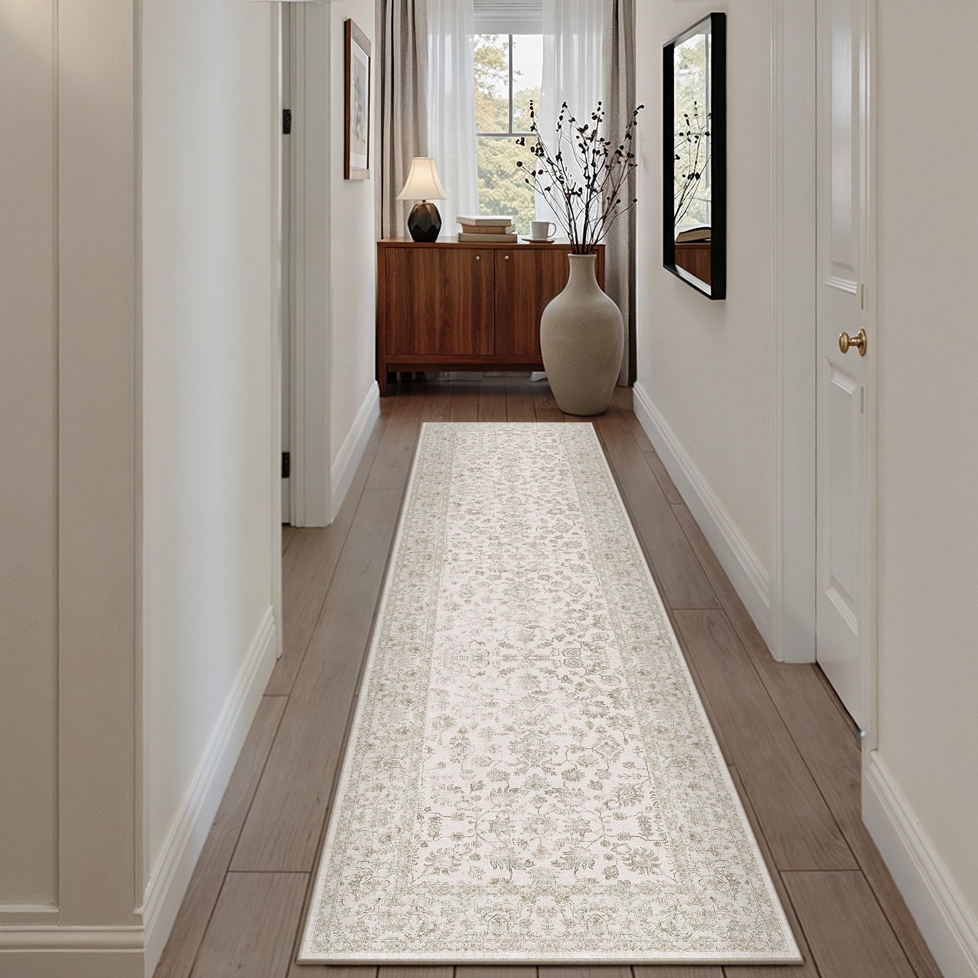 PureCozy 2x10 Beige White Runner Rug Washable Hallway Non Slip Kitchen