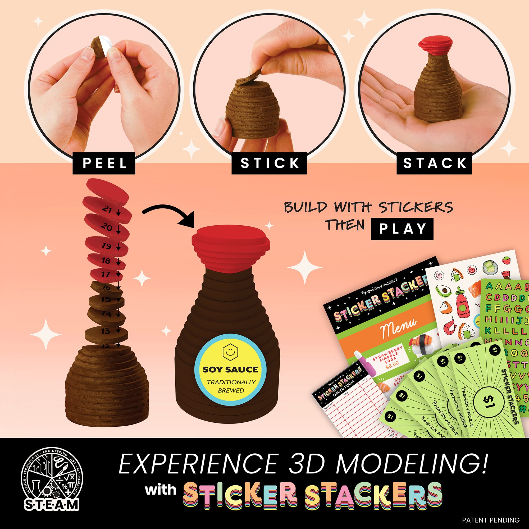 Fashion Angels - Sticker Stackers Set Sushi, Adesivi in ​​Schiuma per creare in 3D, Cibo Giocattolo per Bambini, gioco STEM, Attività Creativa, da 8 anni, F13194