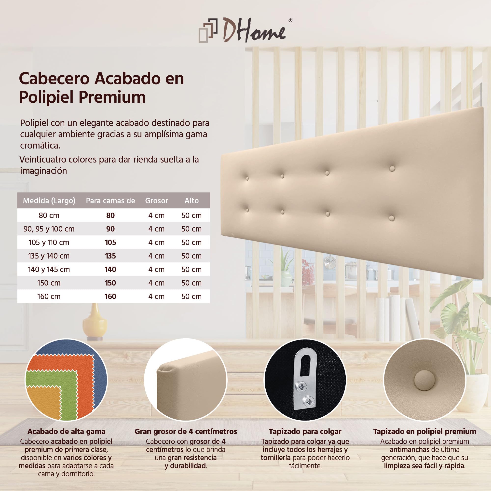 DHOME Testata in Similpelle o Tessuto AQUALINE Pro con 2 file di bottoni Testata imbottita Letto di lusso (Similpelle Beige, 160x50cm (Letti 150/160))