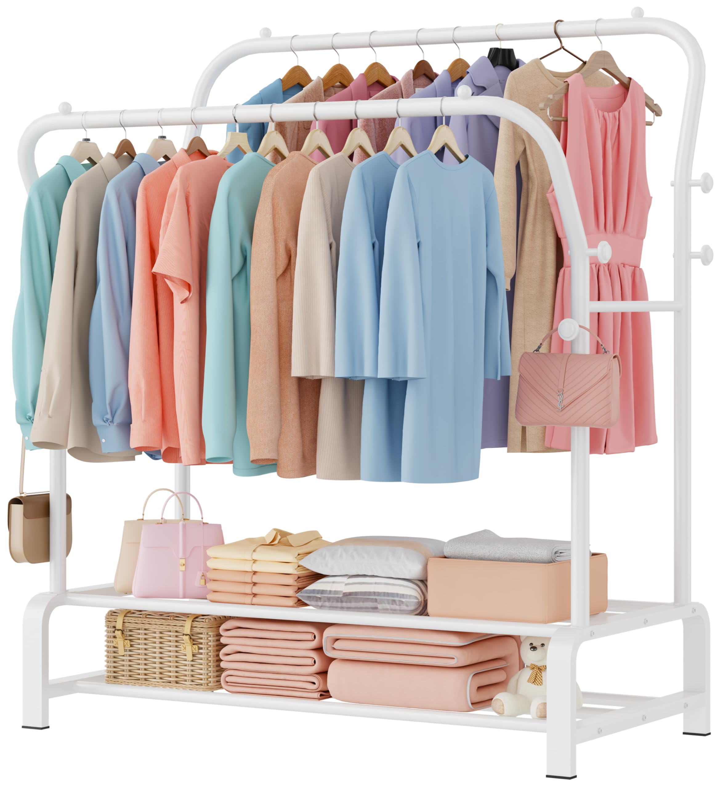 OPPAIYA Heavy Duty Clothes Rail with Double Hanging Rods & 8 Hooks,Clothing Rack with Wide Bottom Base, Portable Free Standing Clothes Rack for Bedroom, Closet, Laundry - 110cm x 51cm x 145cm White