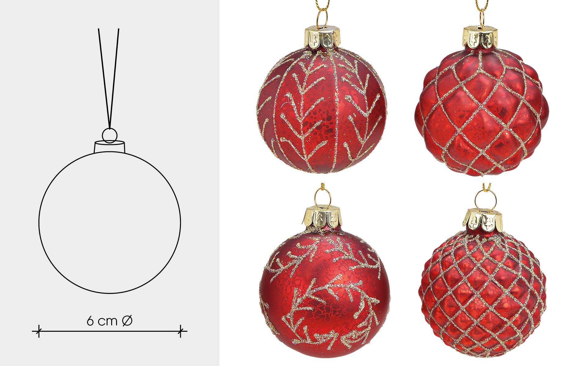 MC, set di 12 palle di Natale in vetro, Ø 6 cm, palle per albero di Natale, decorazione natalizia, Vetro, Oro rosso, Ø 6cm