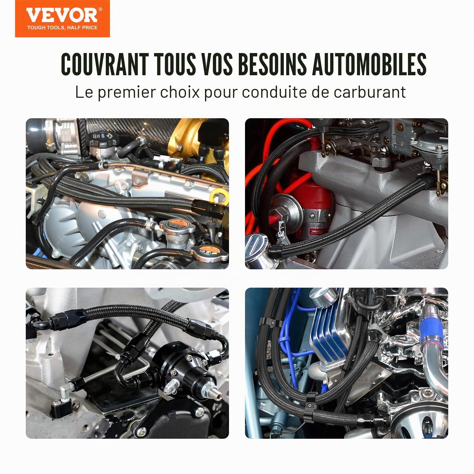 VEVOR Kit Tuyau d'Essence 6AN Durite Essence Ø 14 mm Longueur 6,1 m Tressée en Nylon et Inox Conduite de Carburant Gasoil avec 12 Adaptateurs Raccords Pivotants pour Moteur Voitures Motos Tracteurs