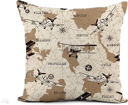 Miniatura 1 de Funda de almohada de lino con patrón de aviones, mapa, avión, avión, vintage, ejército, aviación, 20 x 20 pulgadas, funda de almohada cuadrada de