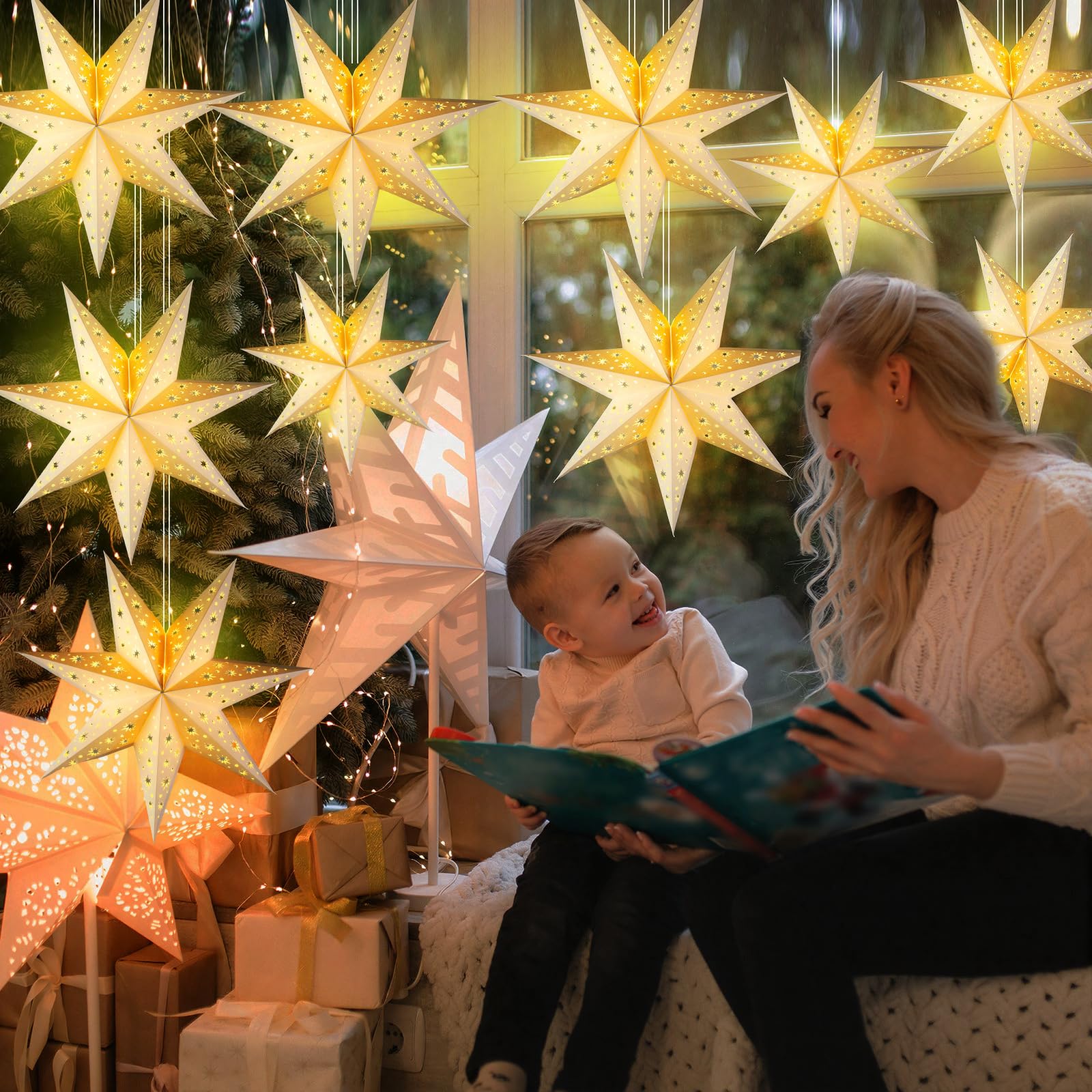 Cinnvoice Weihnachtliche Papiersternlaternen, 7/8/9 Punkte, hängende Ornamente, neutrale 3D-Sternlaterne mit Lichterkette, 30,5 cm und 45,5 cm, hohler Lampenschirm für Party-Dekoration (weiß, 7