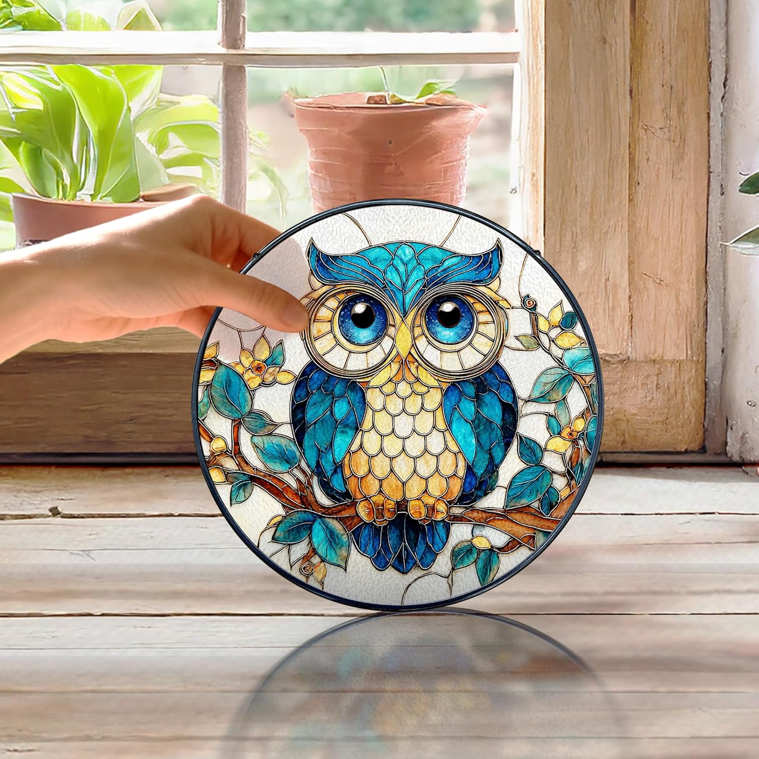 Owl Stained Glass Window Hanging, Owl Bird Suncatcher, Bird Sun Catchers Indoor Window Round Glass Wall Art Hanging Decorations, 7.9x7.9in