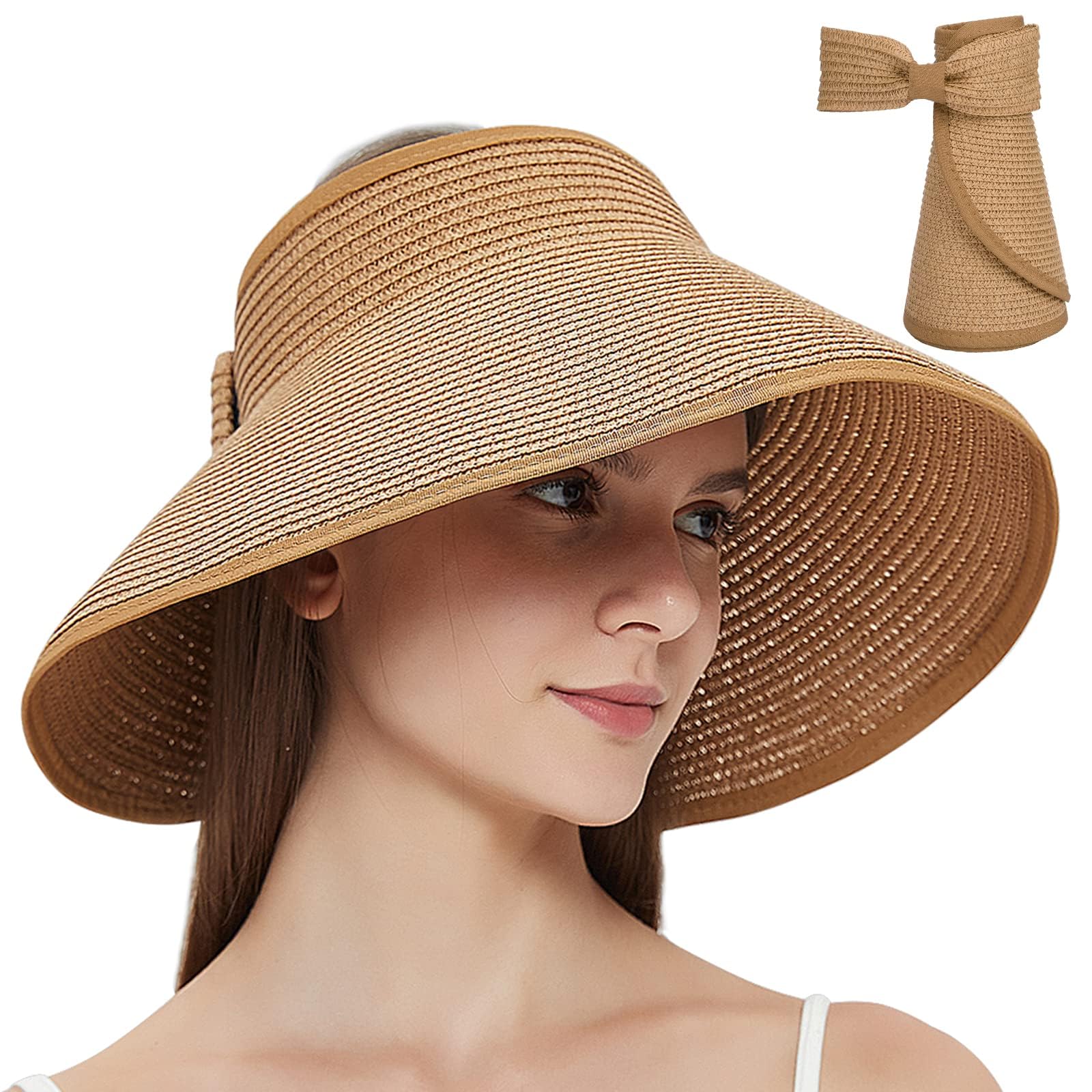 Foldable Straw Sun Visors for Women, Sun Protecetion Wide Brim Sun Hats Adjustable Beach Hat