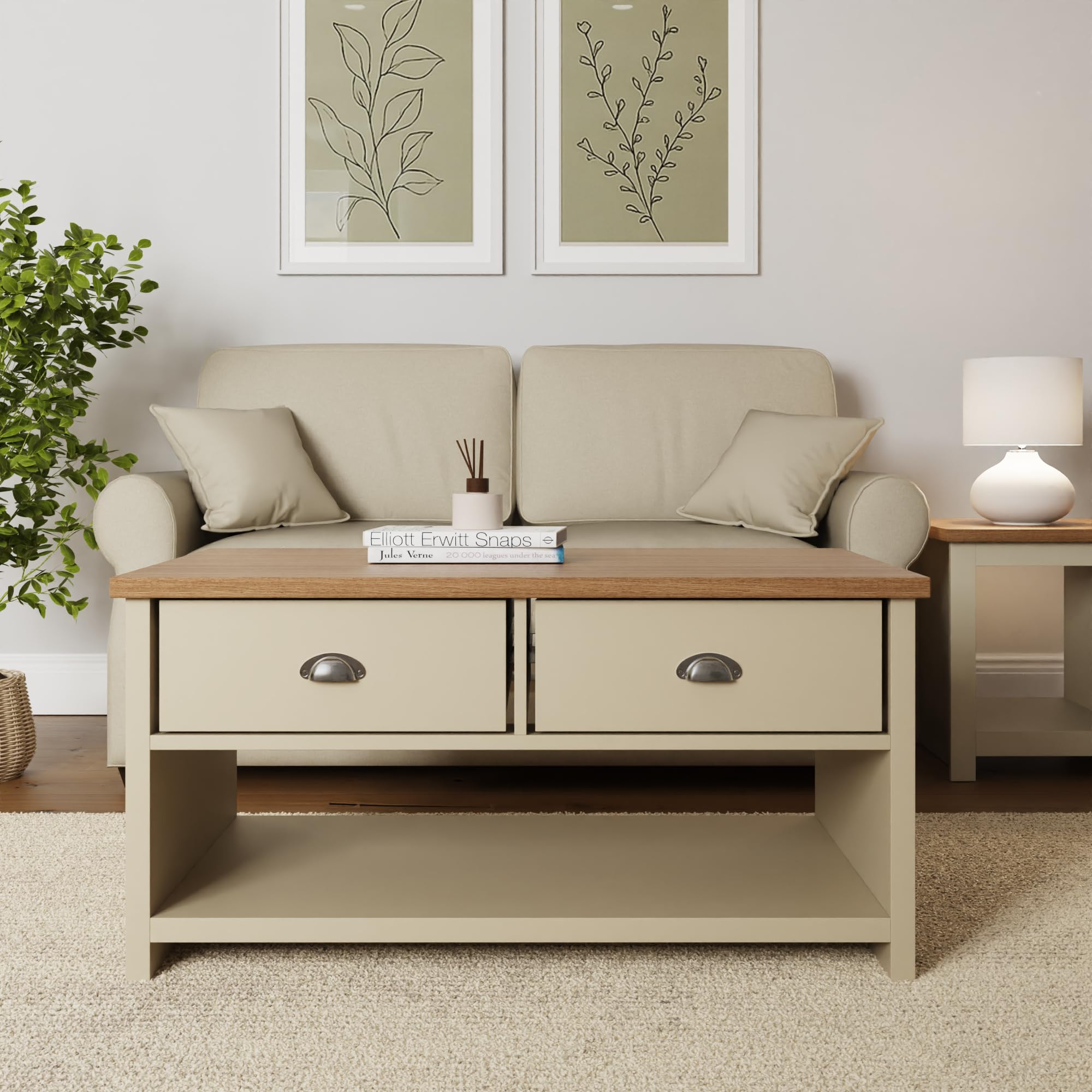 GFW Lancaster Coffee Table With Drawers For Living Room, Storage Coffee Tables With 2 Drawers & Undershelf Display, Living Room Home Furniture Wood Table, Cream, W99 x H50 x D55 cm