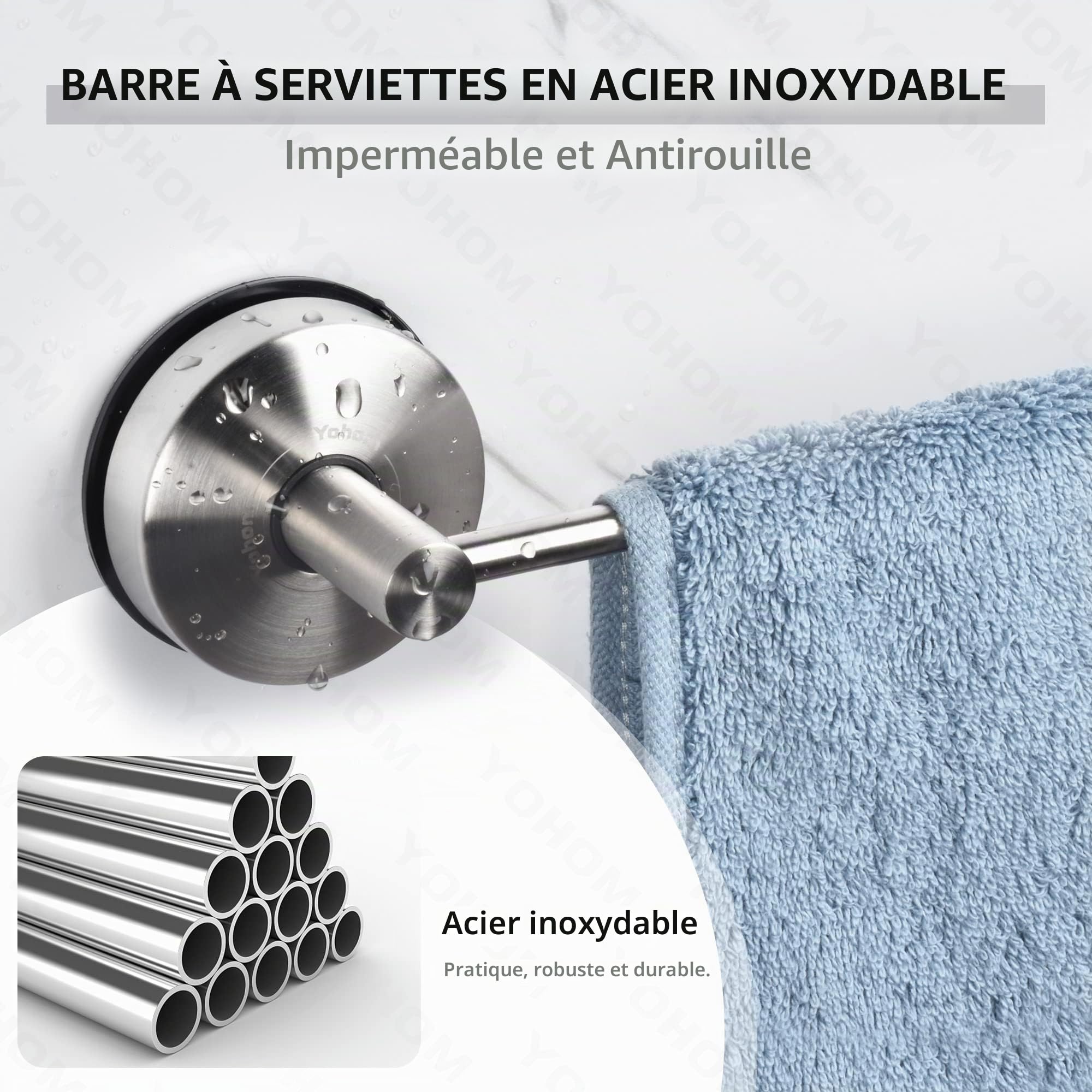 YOHOM Barre Porte Serviette Ventouse 42.8cm Porte Serviette Salle de Bain Ventouse INOX Porte Anneau Torchon Cuisine Ventouse Mural Support Serviette Douche sans Perçage Brossée (17-inch)