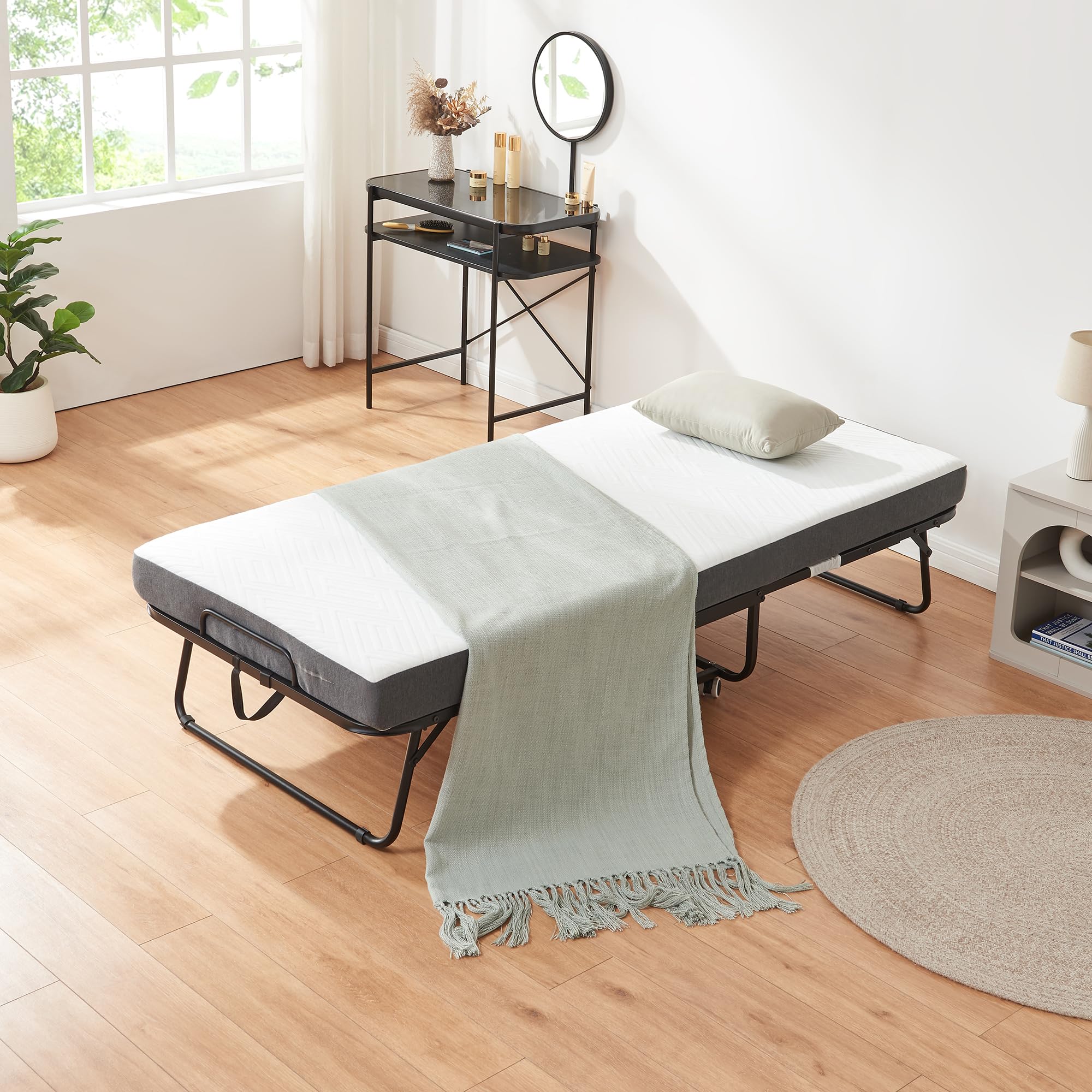 [en.casa] Letto Pieghevole con Materasso in Schiuma a Memoria 90x200 cm Brandina con Rotelle Letto Singolo Richiudibile Portatile Salvaspazio