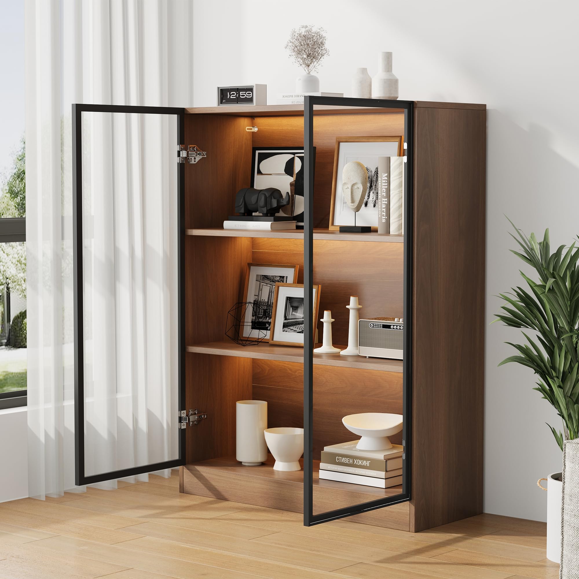 REXO Vitrina de cristal de 32 × 106 × 80 cm con iluminación y estantes de 3 niveles, armario multifunción de cristal de madera de nogal natural, ideal como vitrina de coleccionista.