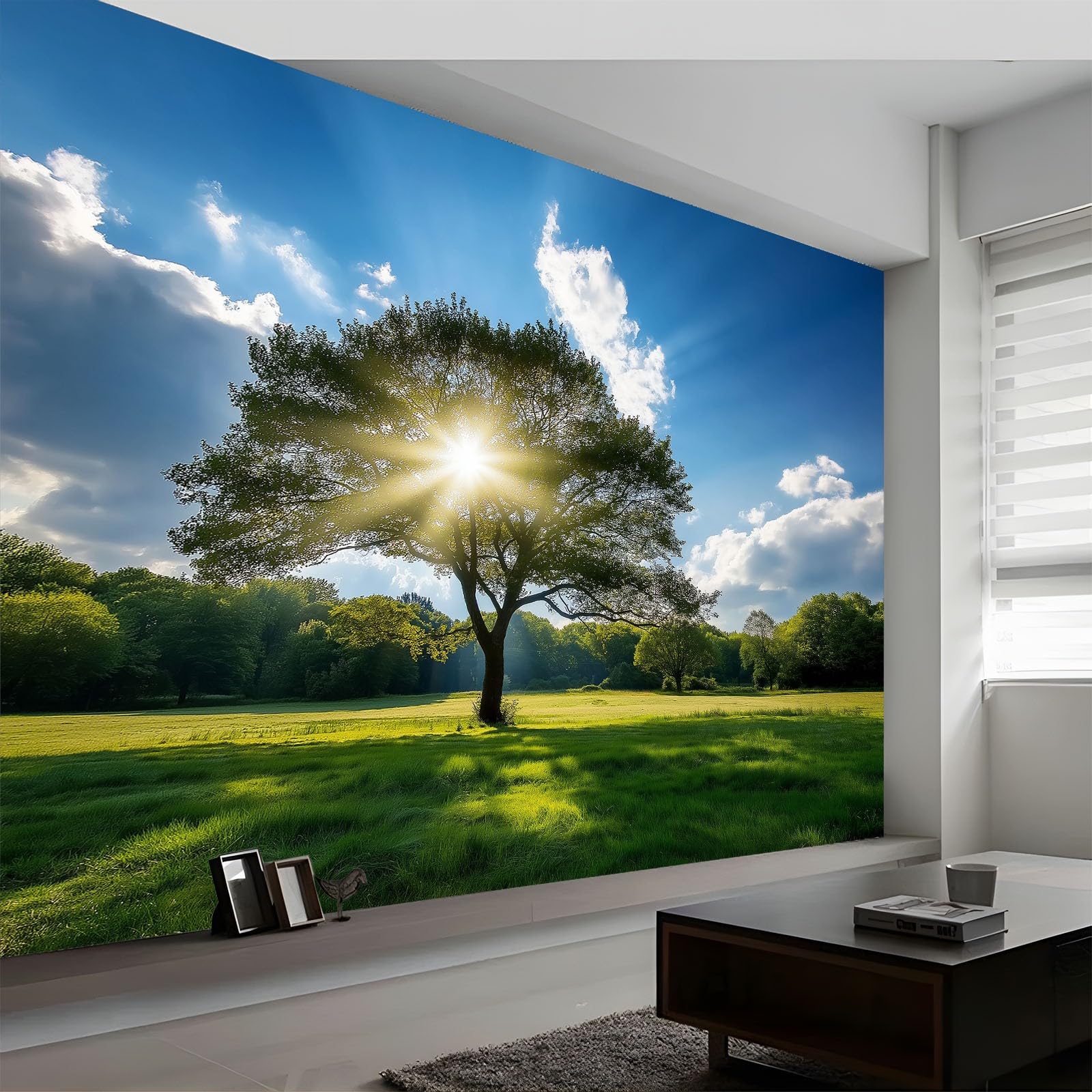 Natural Scenery Photo Wallpaper Blue Sky and White Clouds Sunlit Trees Large TV Background Wall Art 3D Murals 450 x 280 cm Wall Sticker Bedroom Living Room Hallway Sofa Backdrop Decor