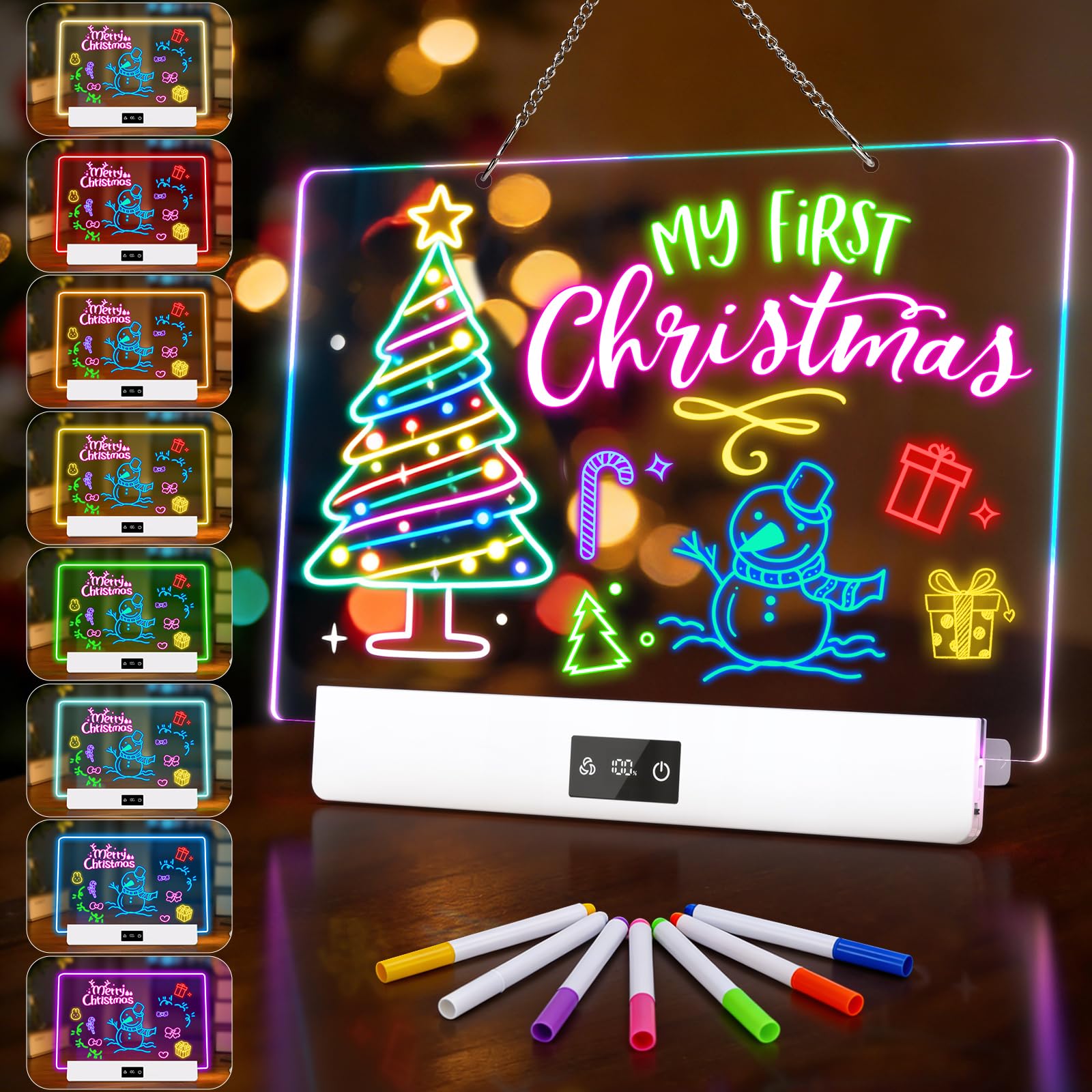 Rechargeable LED Drawing Board, 13.8 inches | 8 Colors & 4 Modes, LED Note Board with Build in Stand, Includes 7 Markers & 1 Hanging Chain, Great Gift for Children