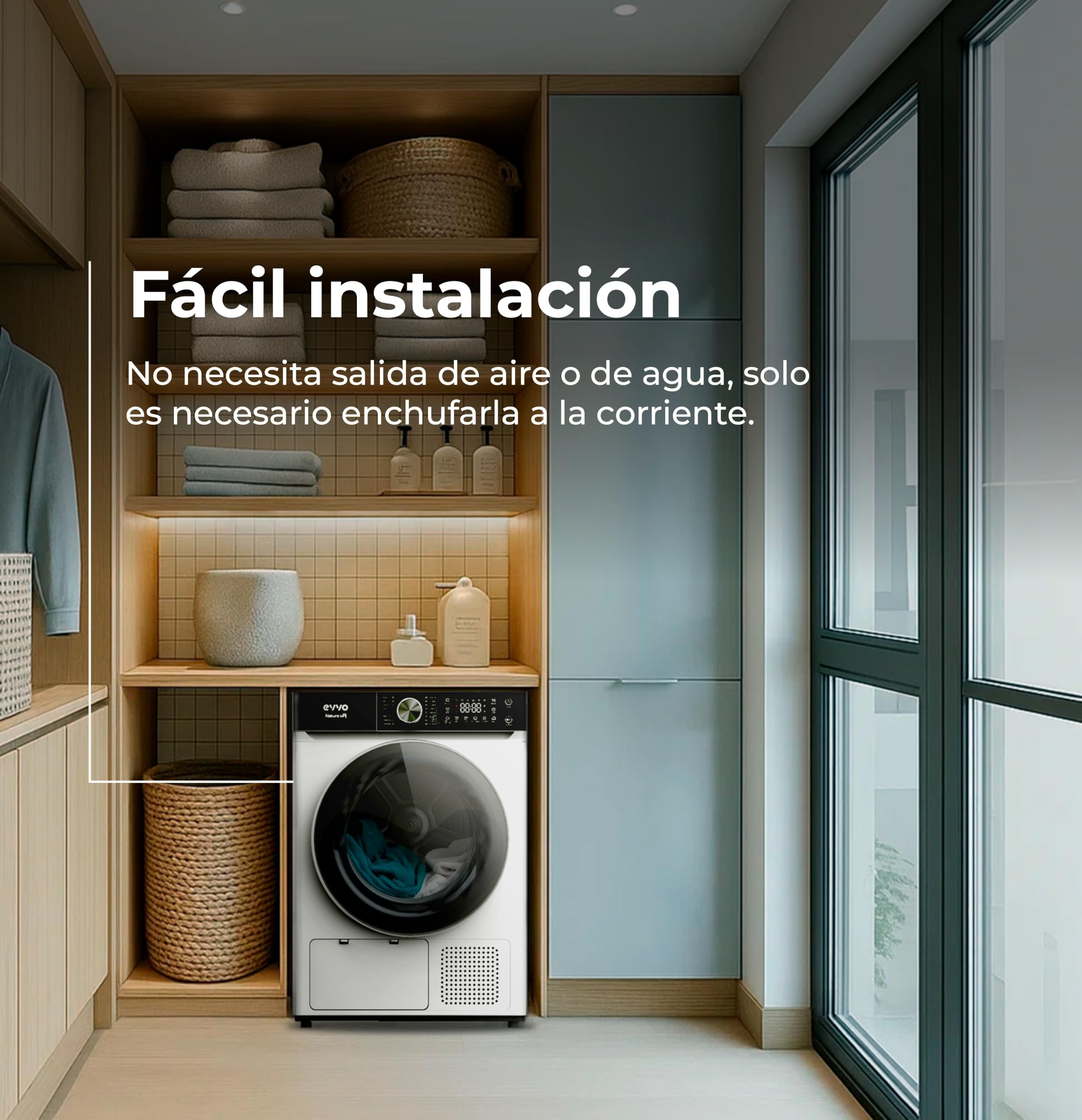 EVVO Secadora Bomba de Calor NATURE SR - Capacidad 10 Kg, Bomba Calor, Efic. Energética E, Secadora Condensación, Sensor Humedad, Antiarrugas, Inicio Diferido, 16 Programas, Bajo Consumo (Blanca)