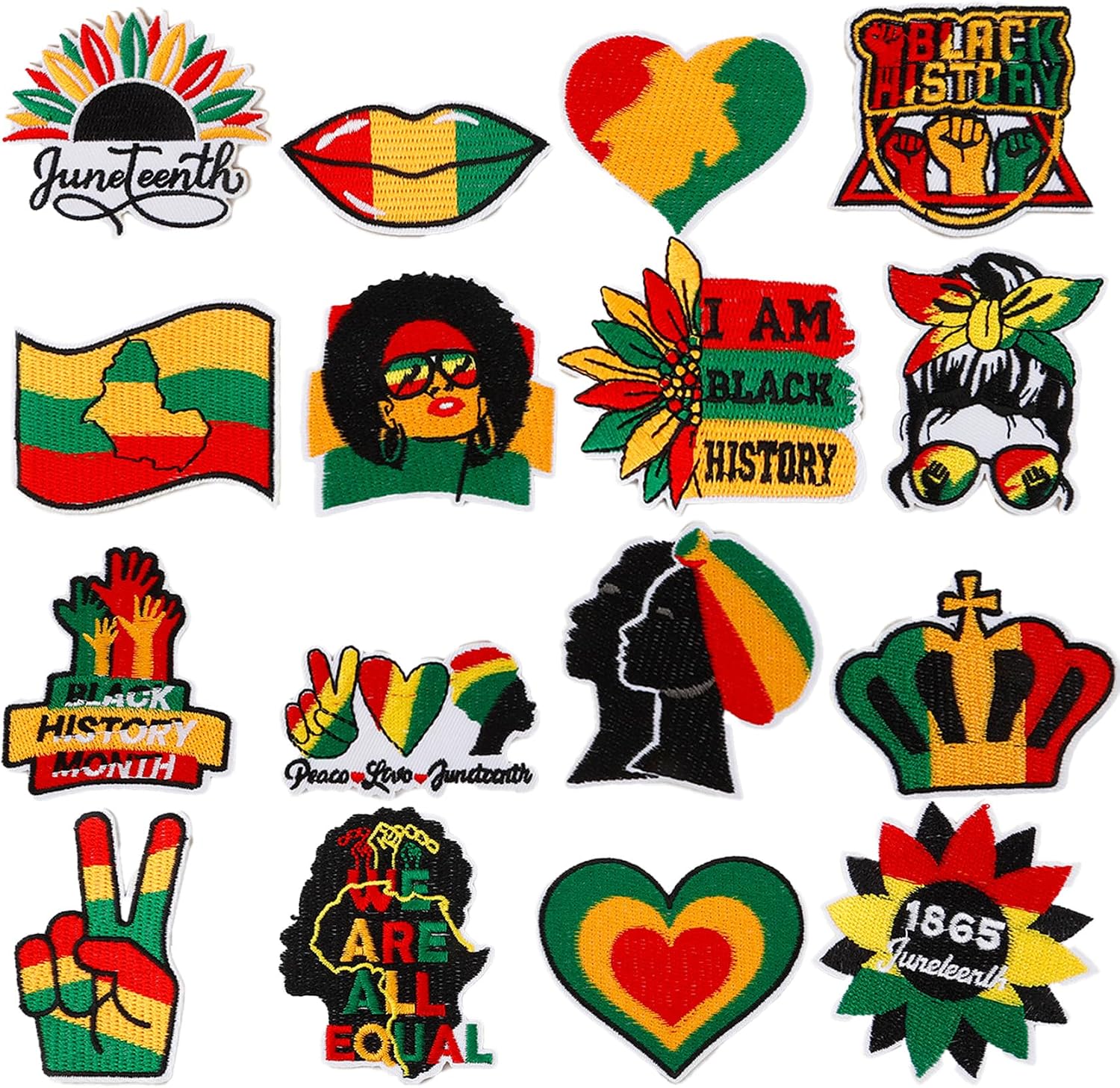 16 Pcs Juneteenth Iron on Patches,Black History Month Sew on Patches Black Women Fist up Heart Flag Embroidered Stickers Applique DIY Accessory for Backpack Clothes Dress Pants Hats Jeans