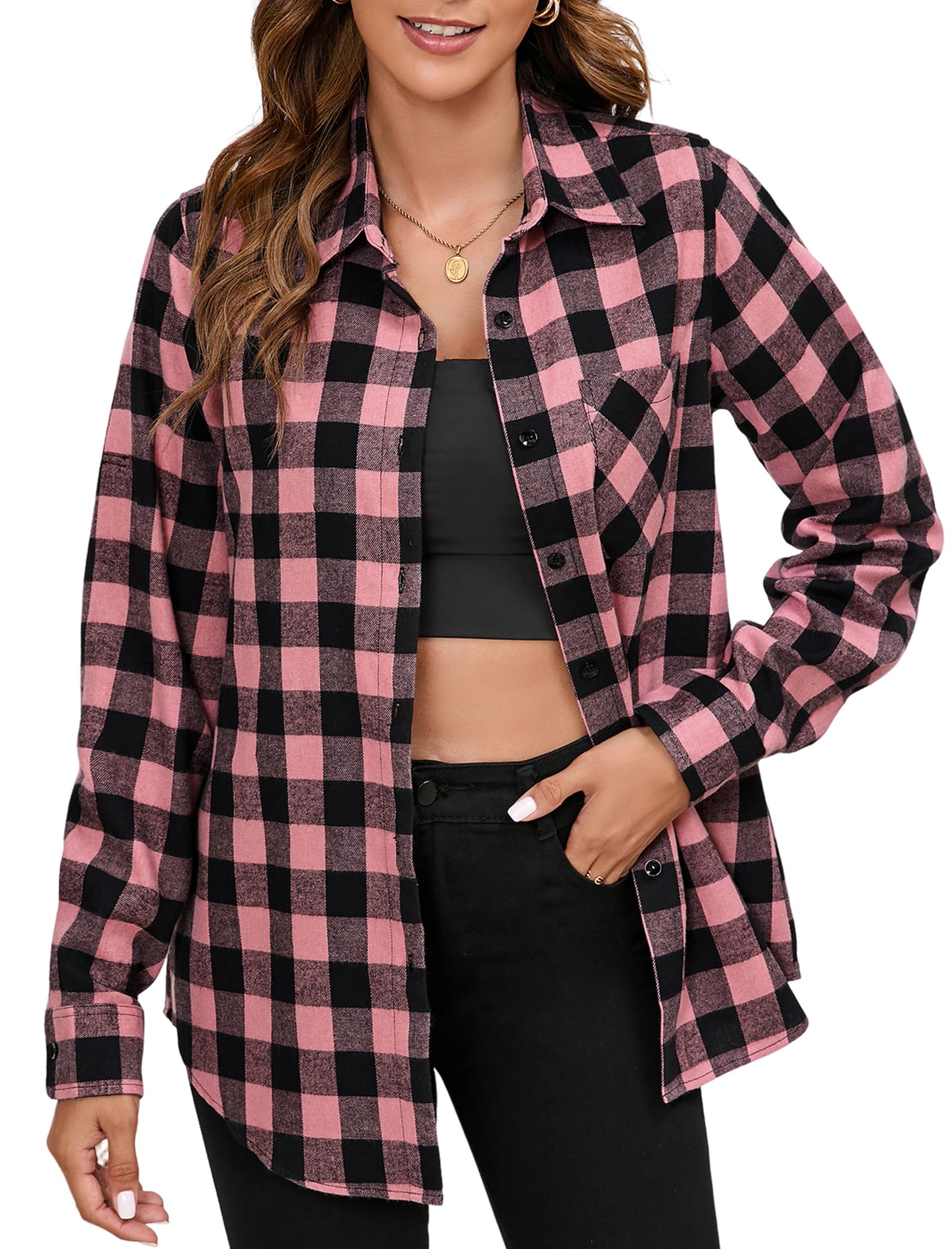 Stamain Plaid Shirts for Women Casual Button Down Flannel Shirt Plus Size Roll Up Long Sleeve Checkered Blouse Tops