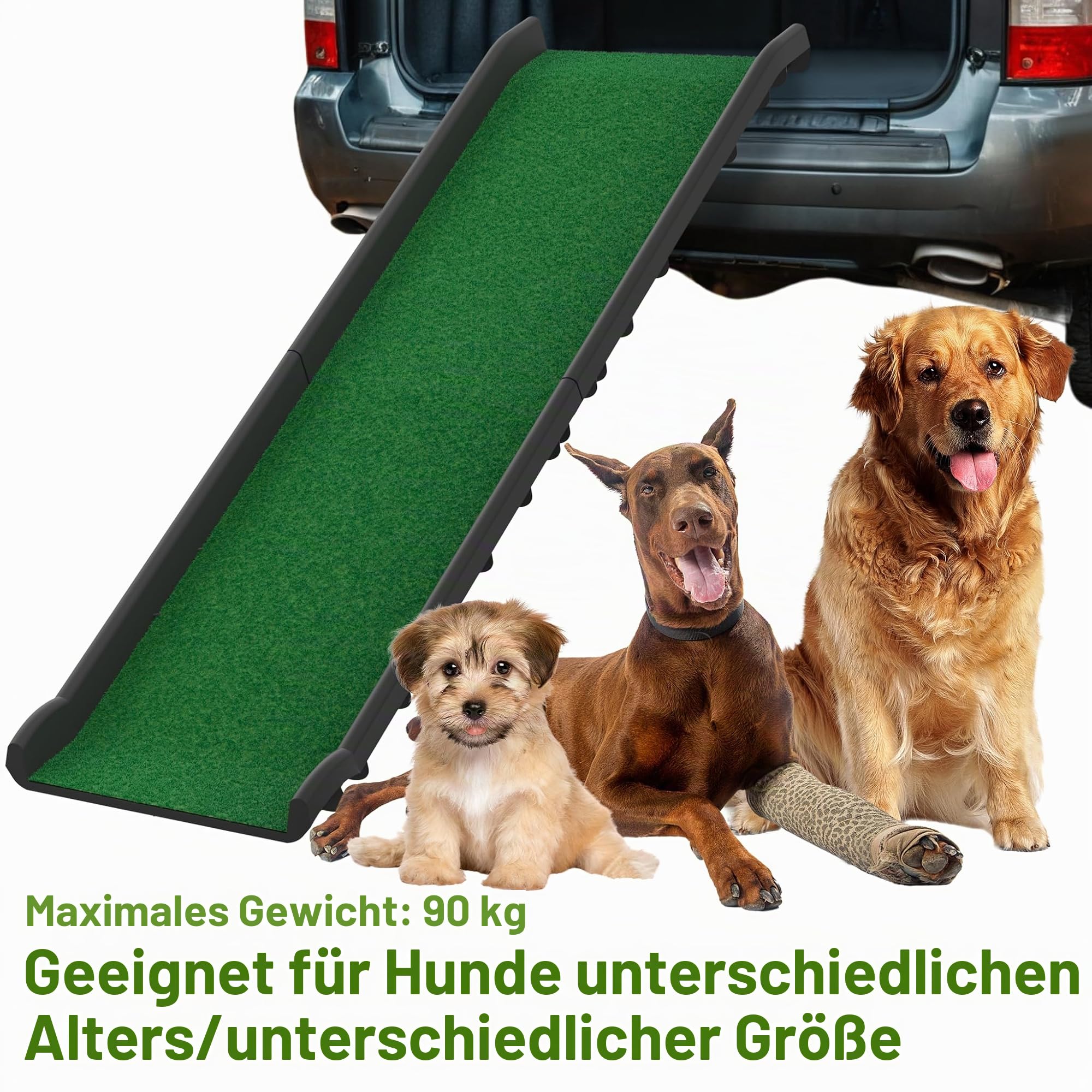 NAIZY Hunderampe 156cm Klappbare Hundetreppe Ramp mit Anti-Rutsch Matten Haustierrampe Kunststoff Kofferraumrampe Einstiegshilfe für Hund/Katz/Haustier bis 90 kg, mit Rasen